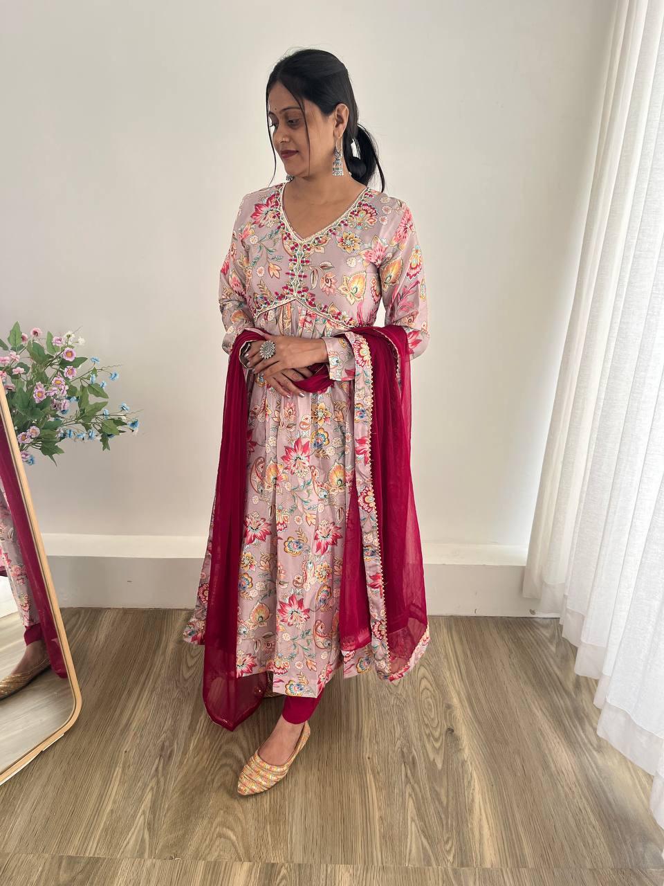 Alluring Soft Chinon Floral Printed Handworked Festival Wear Suit - INDIAN ELEGANCE