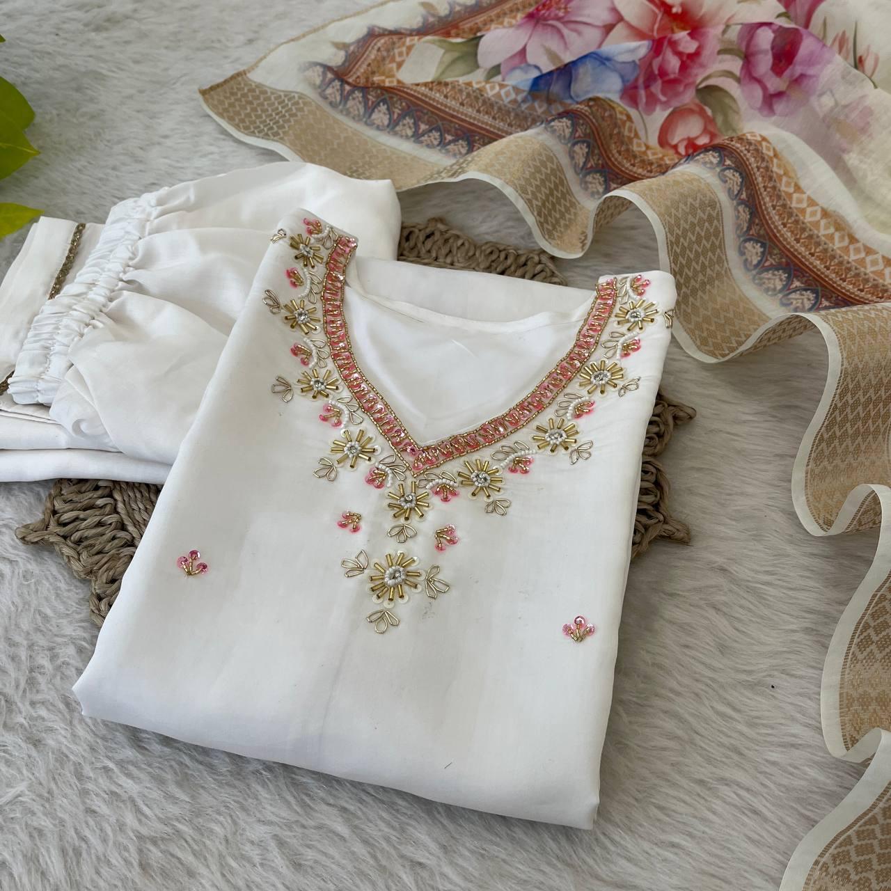 Splendid White Roman Silk Handcrafted Anarkali Pant Suit - INDIAN ELEGANCE