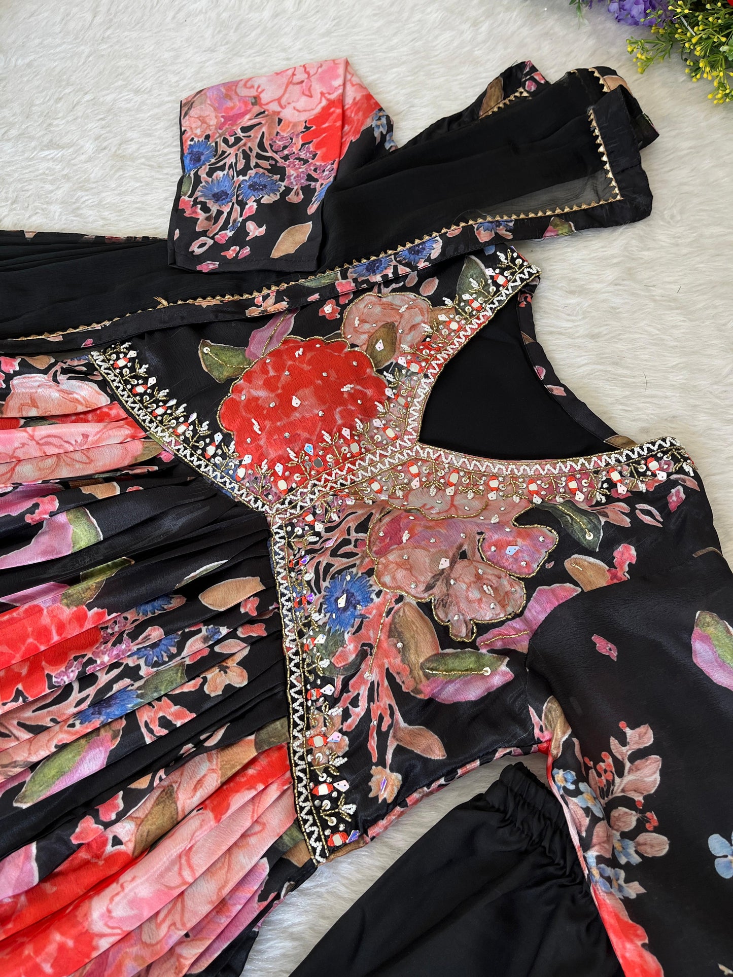 Stylish Black Soft Chinon Floral Printed Handworked Suit - INDIAN ELEGANCE