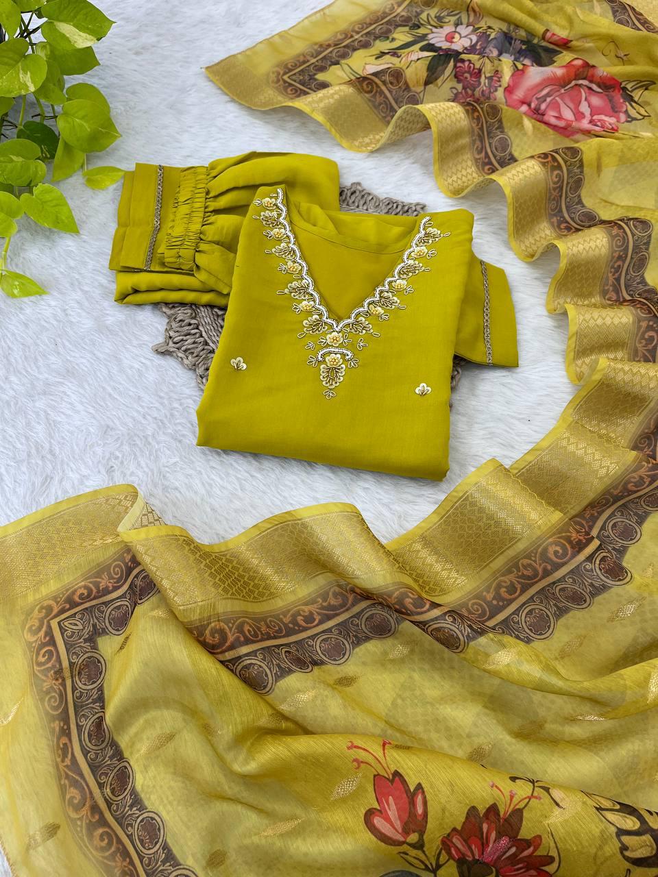 Divine Parrot Green Roman Silk Handcrafted Anarkali Pant Suit - INDIAN ELEGANCE