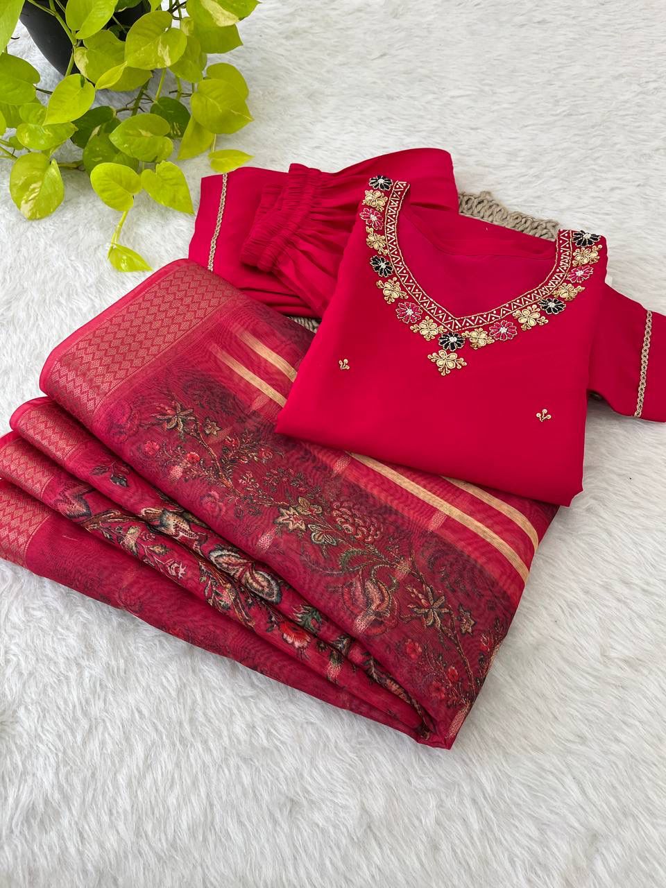 Dashing Red Roman Silk Handcrafted Anarkali Pant Suit - INDIAN ELEGANCE