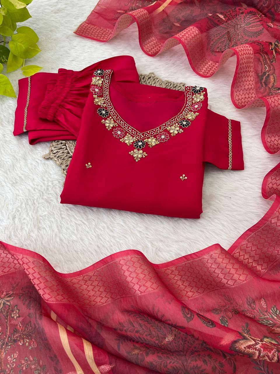 Dashing Red Roman Silk Handcrafted Anarkali Pant Suit - INDIAN ELEGANCE