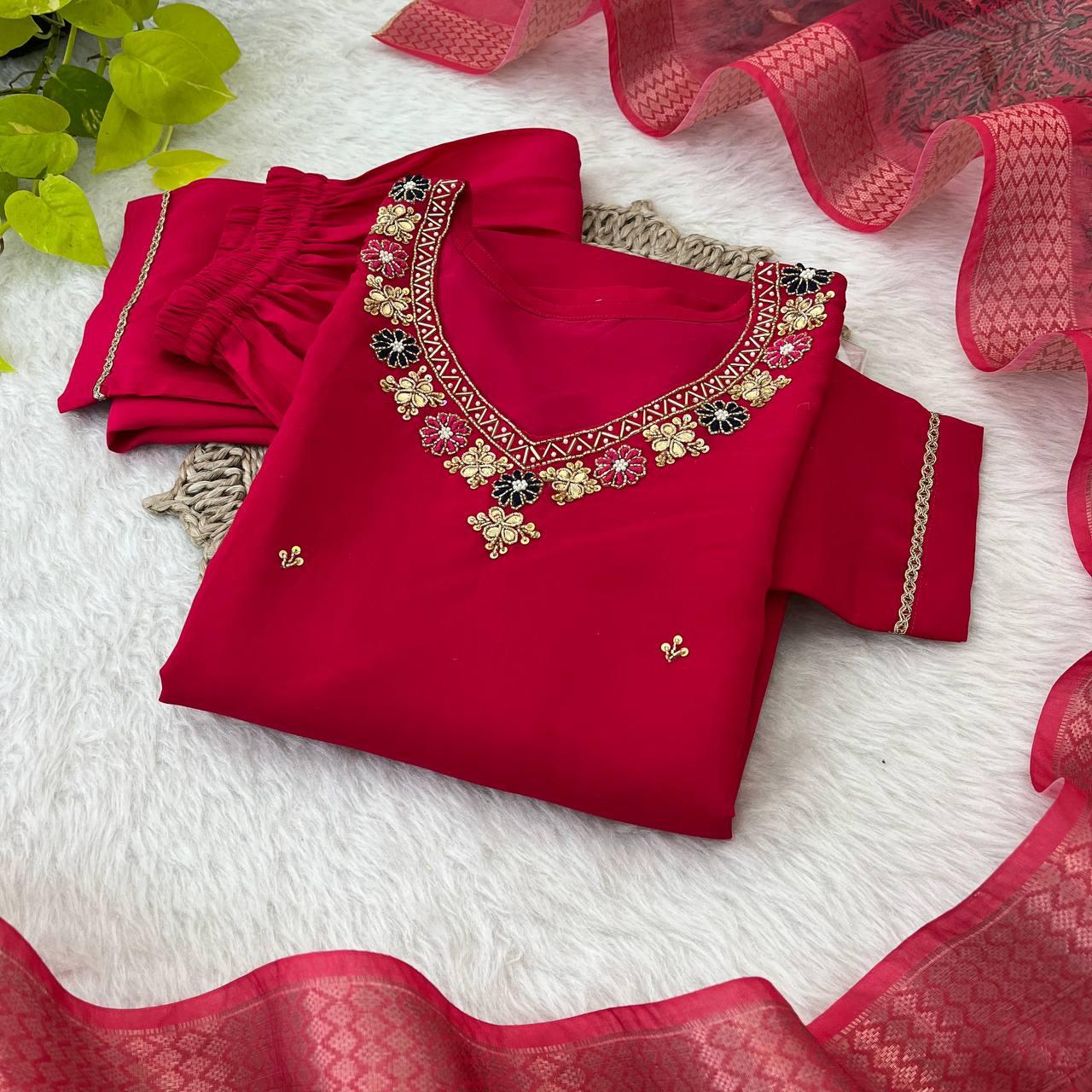 Dashing Red Roman Silk Handcrafted Anarkali Pant Suit - INDIAN ELEGANCE