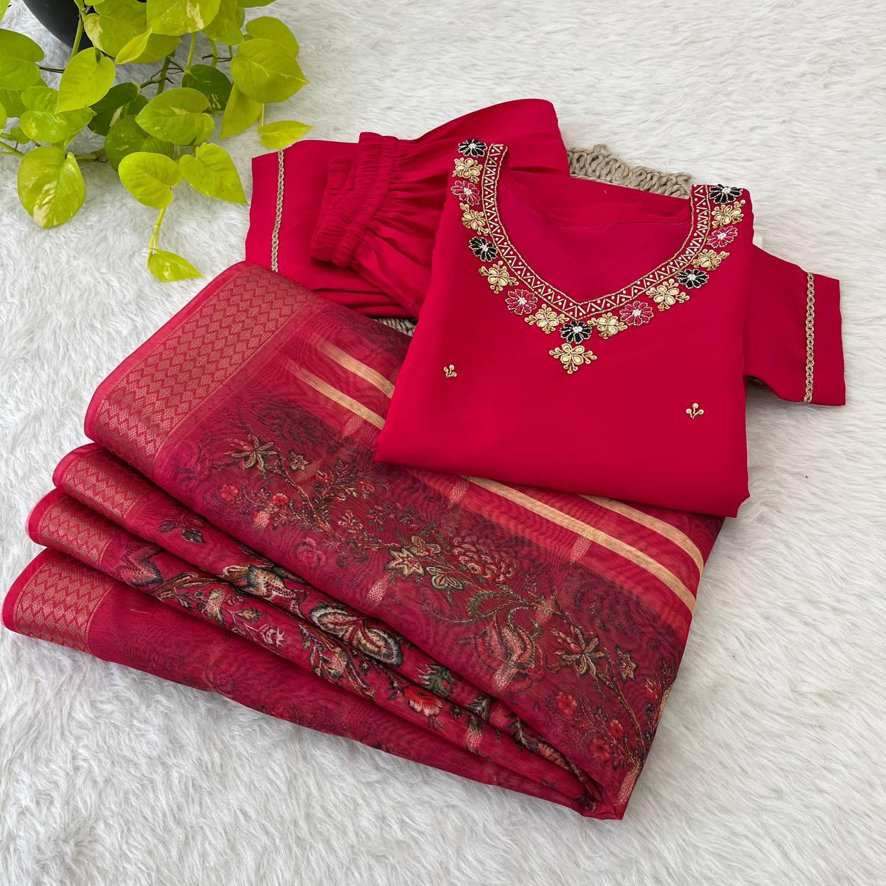 Dashing Red Roman Silk Handcrafted Anarkali Pant Suit - INDIAN ELEGANCE