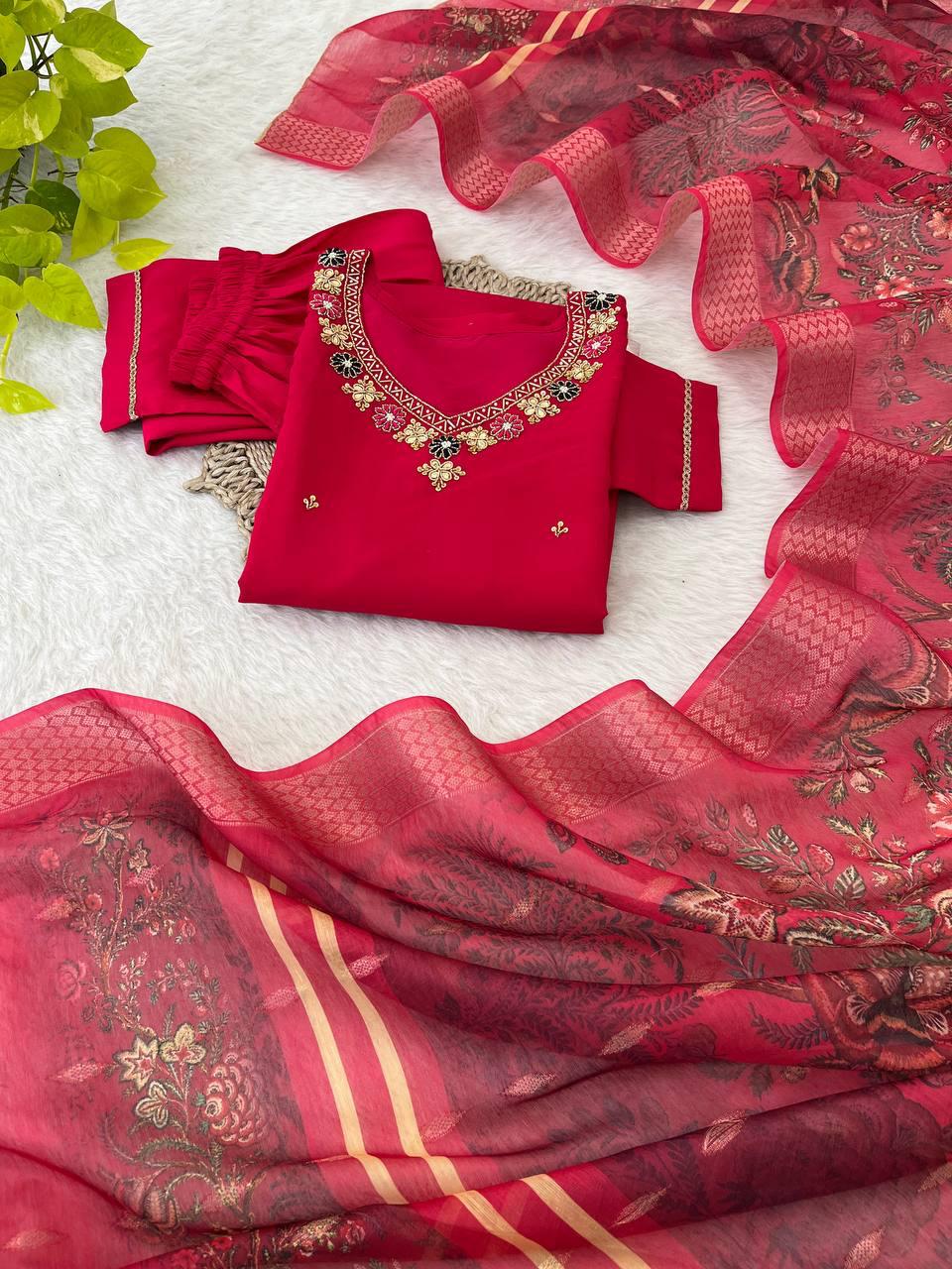 Dashing Red Roman Silk Handcrafted Anarkali Pant Suit - INDIAN ELEGANCE