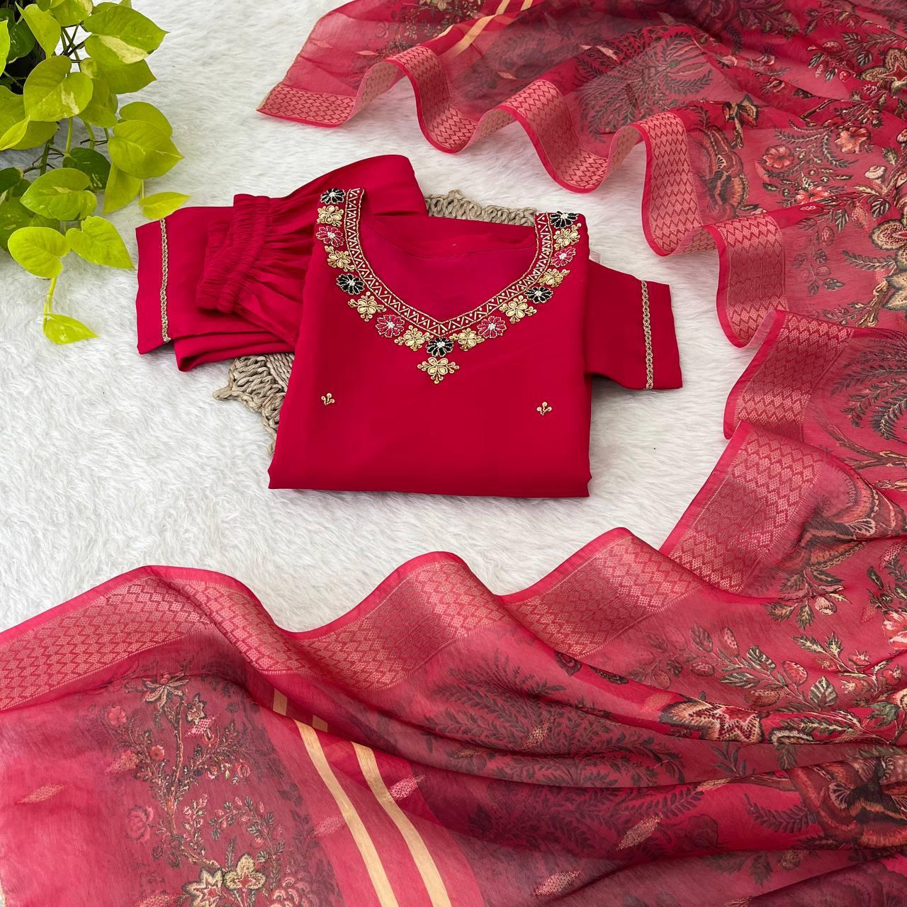 Dashing Red Roman Silk Handcrafted Anarkali Pant Suit - INDIAN ELEGANCE