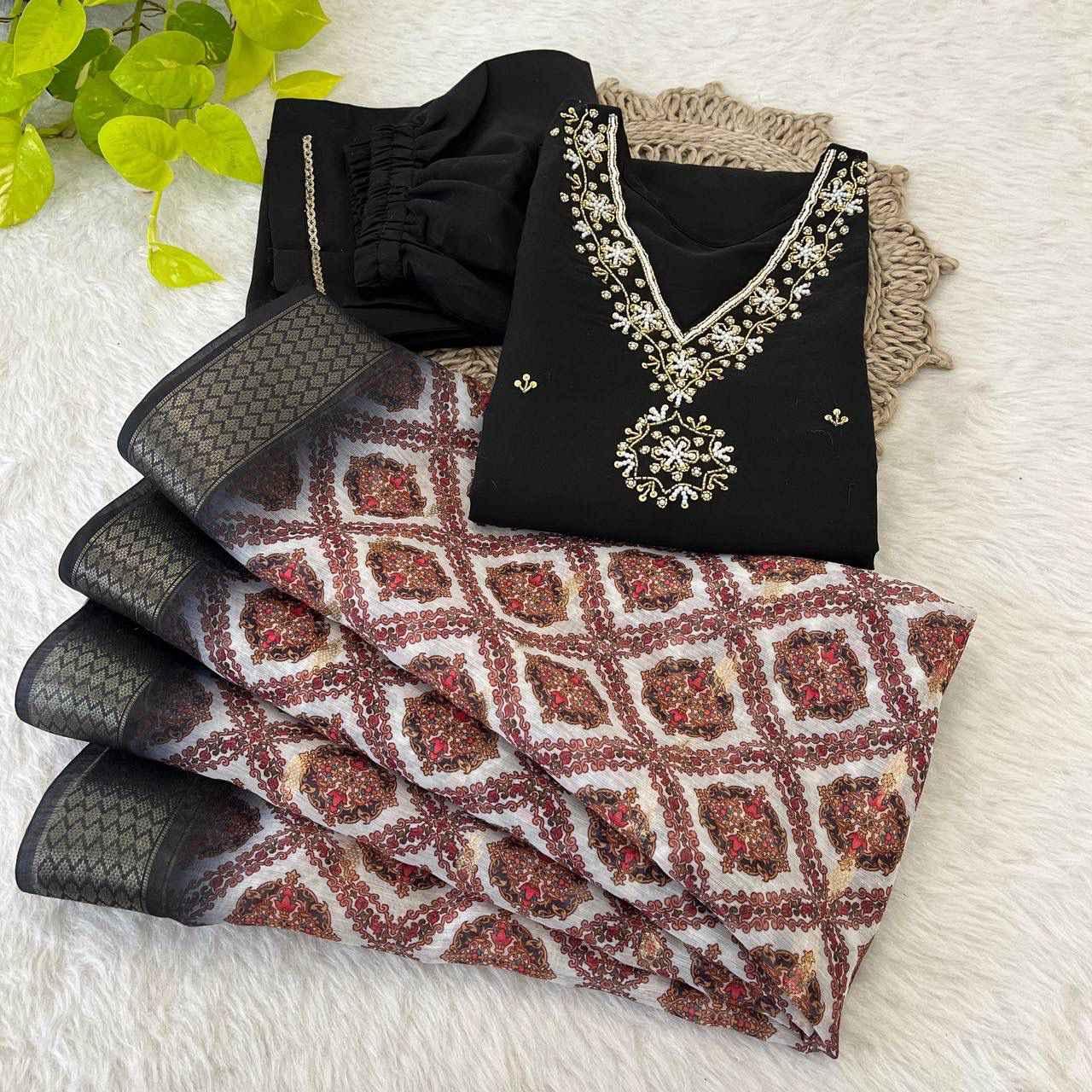 Breathtaking Black Roman Silk Handcrafted Anarkali Pant Suit - INDIAN ELEGANCE