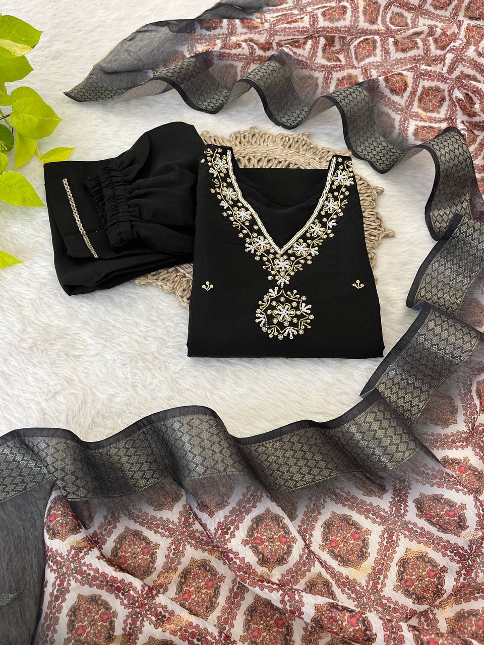 Breathtaking Black Roman Silk Handcrafted Anarkali Pant Suit - INDIAN ELEGANCE