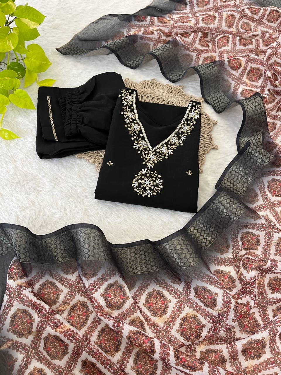 Breathtaking Black Roman Silk Handcrafted Anarkali Pant Suit - INDIAN ELEGANCE