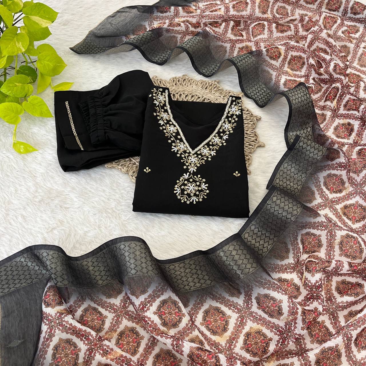 Breathtaking Black Roman Silk Handcrafted Anarkali Pant Suit - INDIAN ELEGANCE