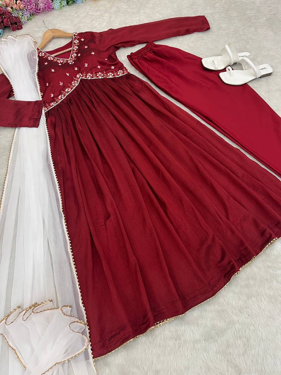 Luminous Vichitra Silk Maroon Handworked Anarkali Pant Suit - INDIAN ELEGANCE
