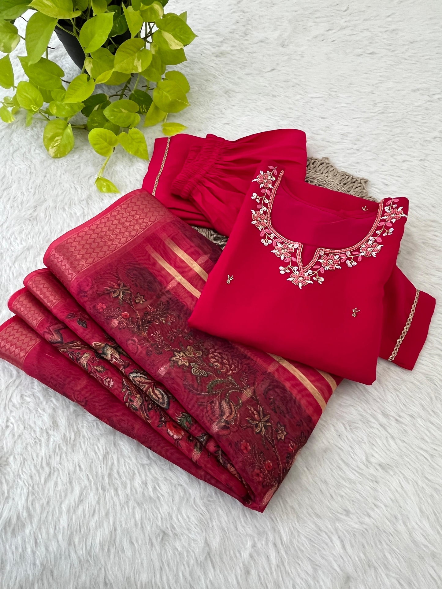Appealing Red Roman Silk Handworked Anarkali Pant Suit - INDIAN ELEGANCE