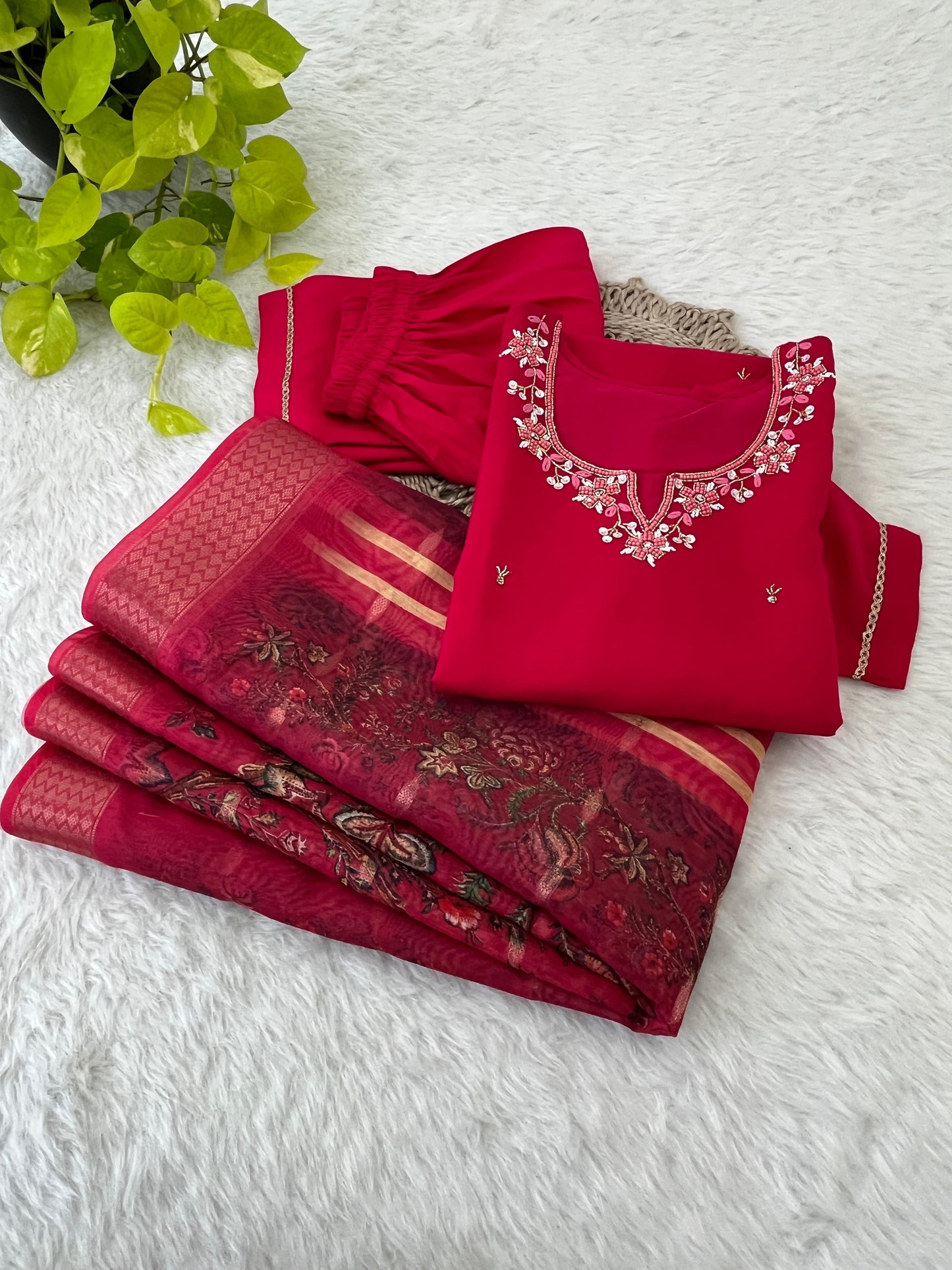 Appealing Red Roman Silk Handworked Anarkali Pant Suit - INDIAN ELEGANCE