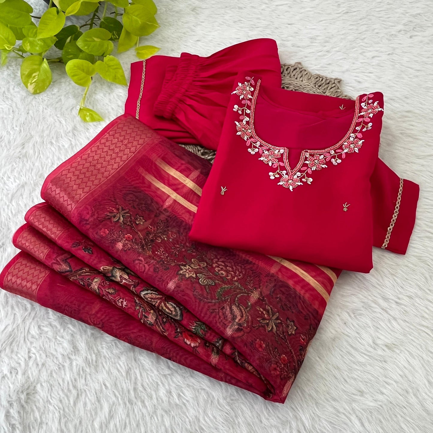 Appealing Red Roman Silk Handworked Anarkali Pant Suit - INDIAN ELEGANCE