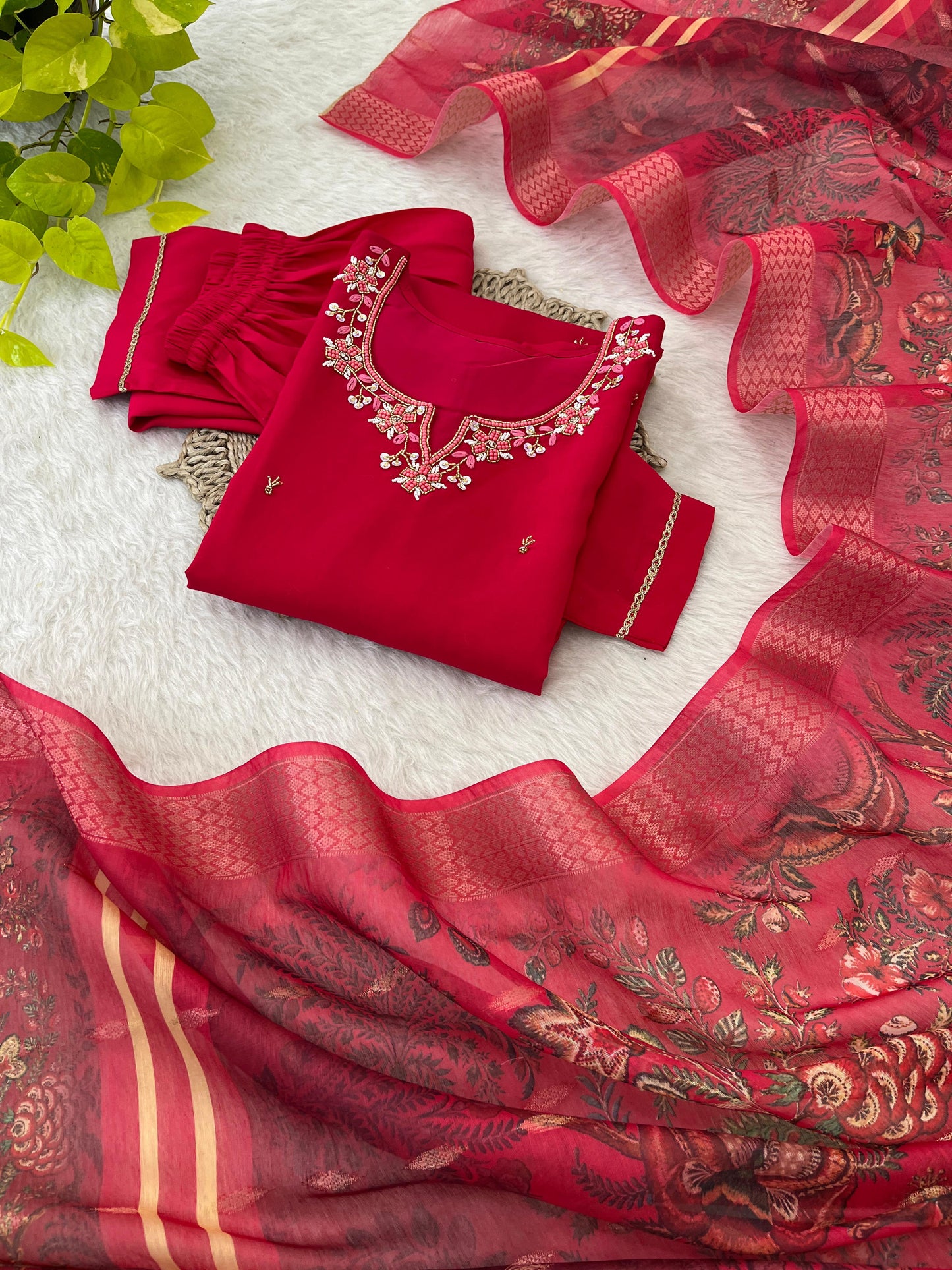Appealing Red Roman Silk Handworked Anarkali Pant Suit - INDIAN ELEGANCE