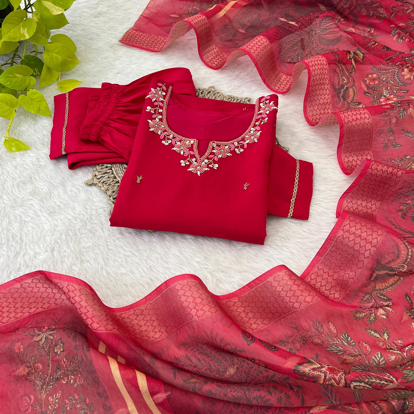 Appealing Red Roman Silk Handworked Anarkali Pant Suit - INDIAN ELEGANCE