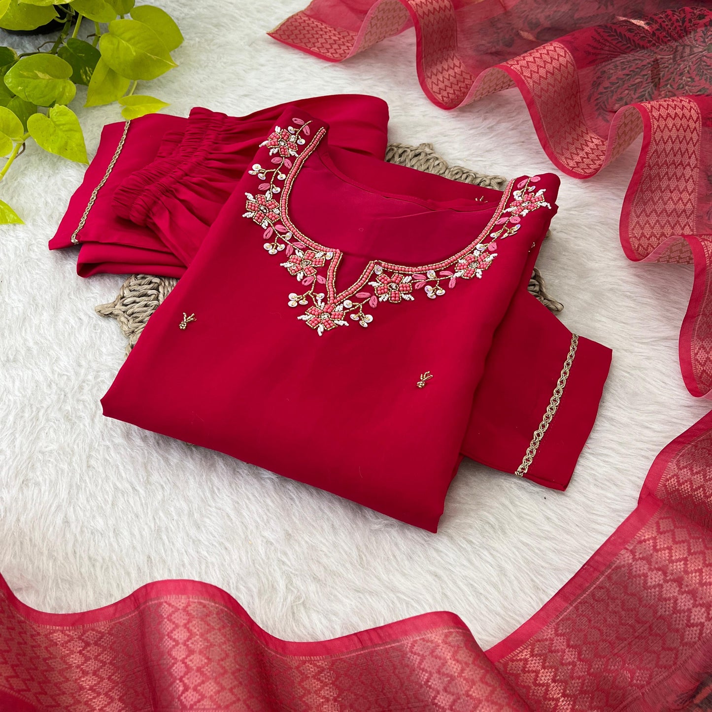 Appealing Red Roman Silk Handworked Anarkali Pant Suit - INDIAN ELEGANCE
