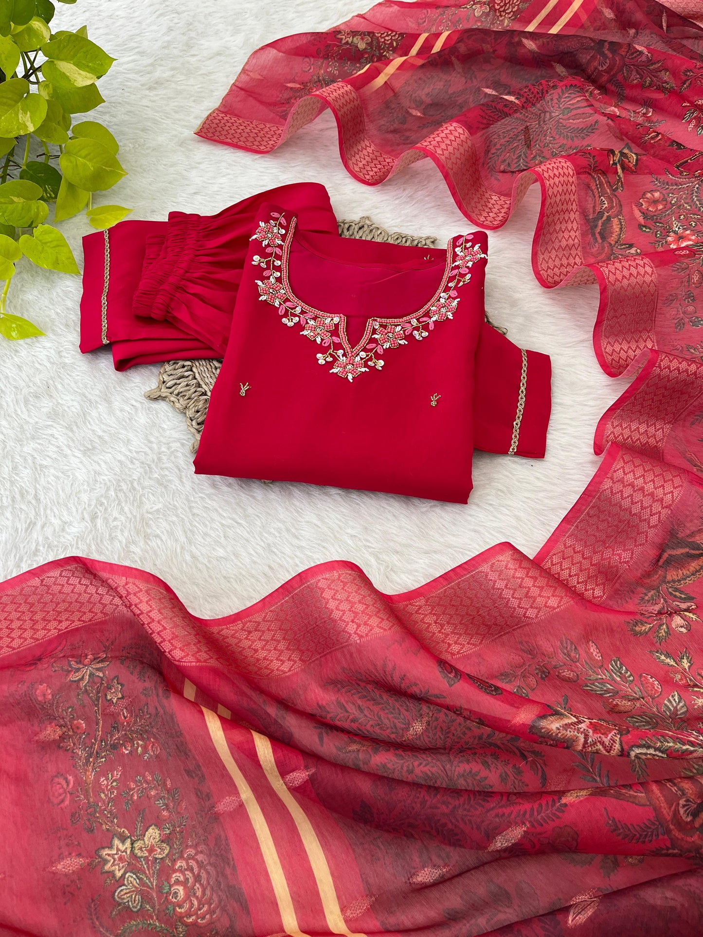 Appealing Red Roman Silk Handworked Anarkali Pant Suit - INDIAN ELEGANCE