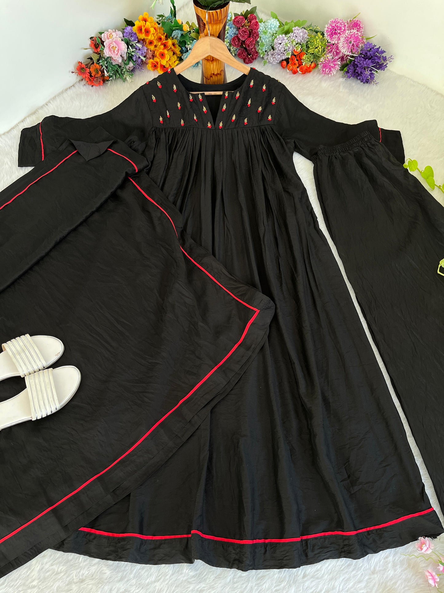 Winsome Black Viscose Chanderi Handworkd Anarkali Pant Suit - INDIAN ELEGANCE