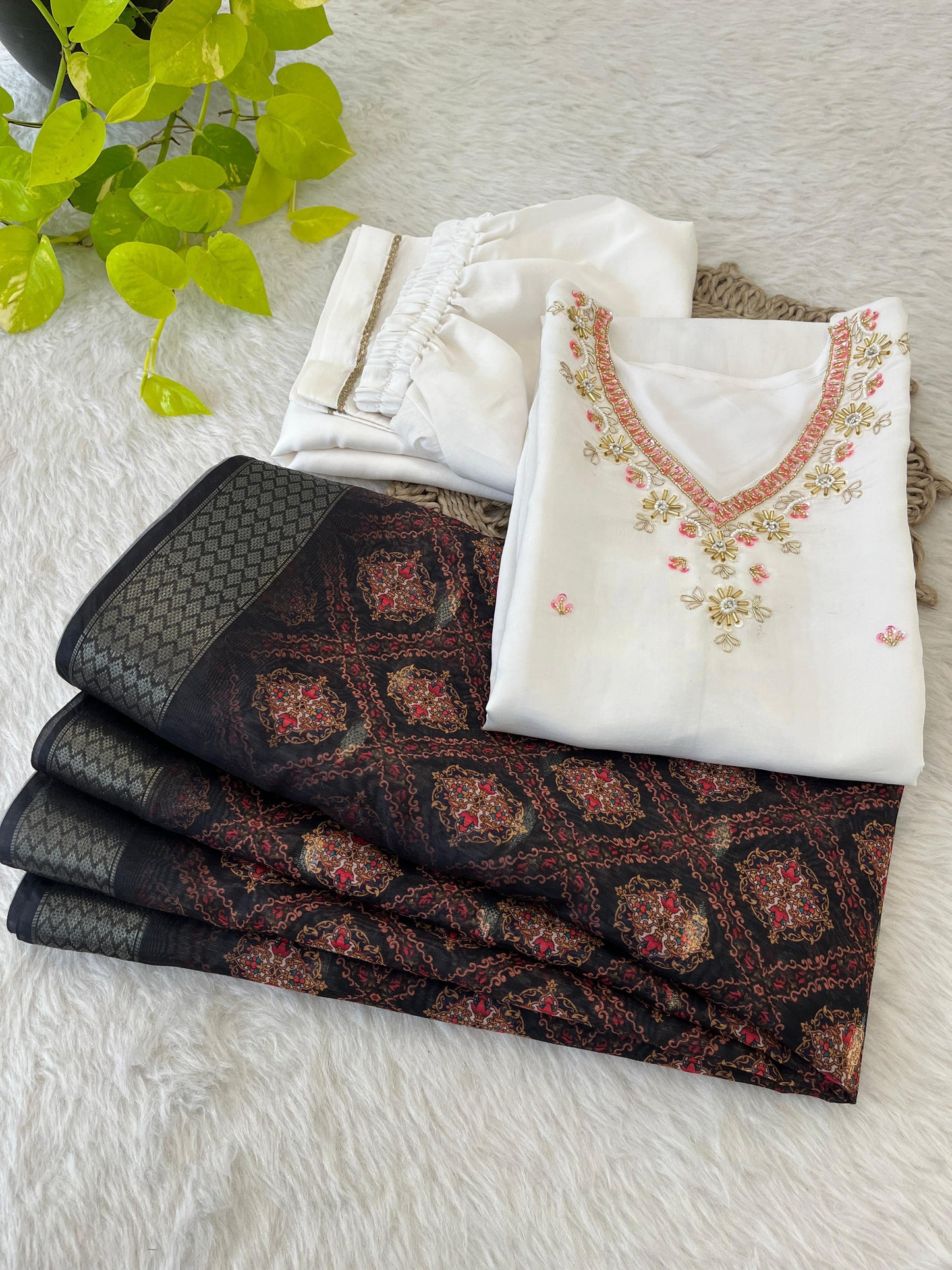 Chic White Roman Silk Handcrafted Anarkali Pant Suit - INDIAN ELEGANCE