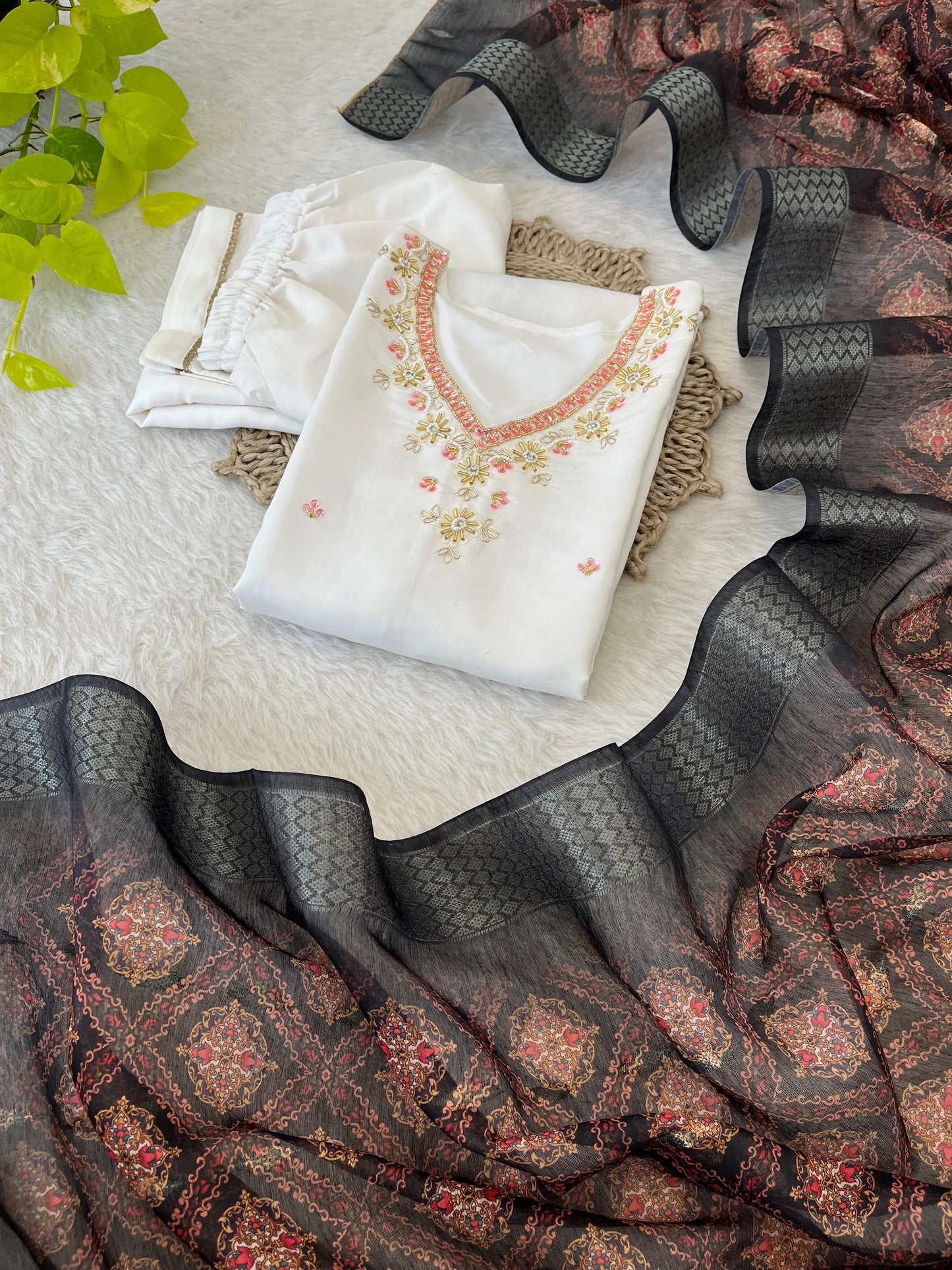 Chic White Roman Silk Handcrafted Anarkali Pant Suit - INDIAN ELEGANCE