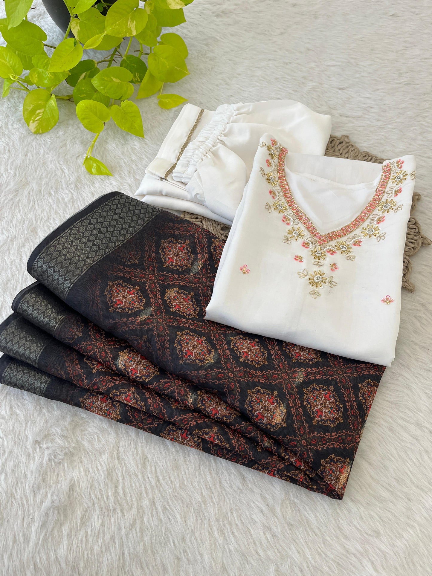 Chic White Roman Silk Handcrafted Anarkali Pant Suit - INDIAN ELEGANCE