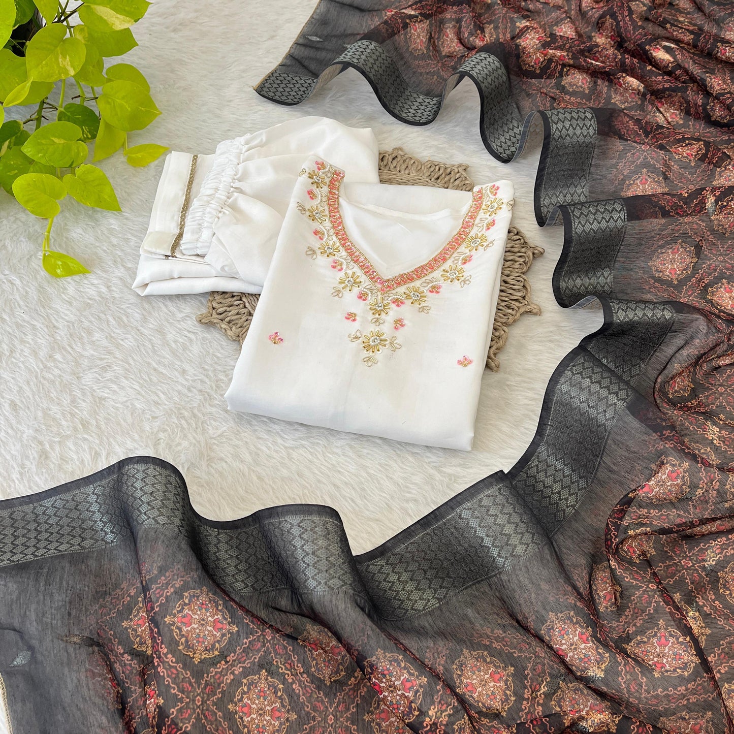 Chic White Roman Silk Handcrafted Anarkali Pant Suit - INDIAN ELEGANCE