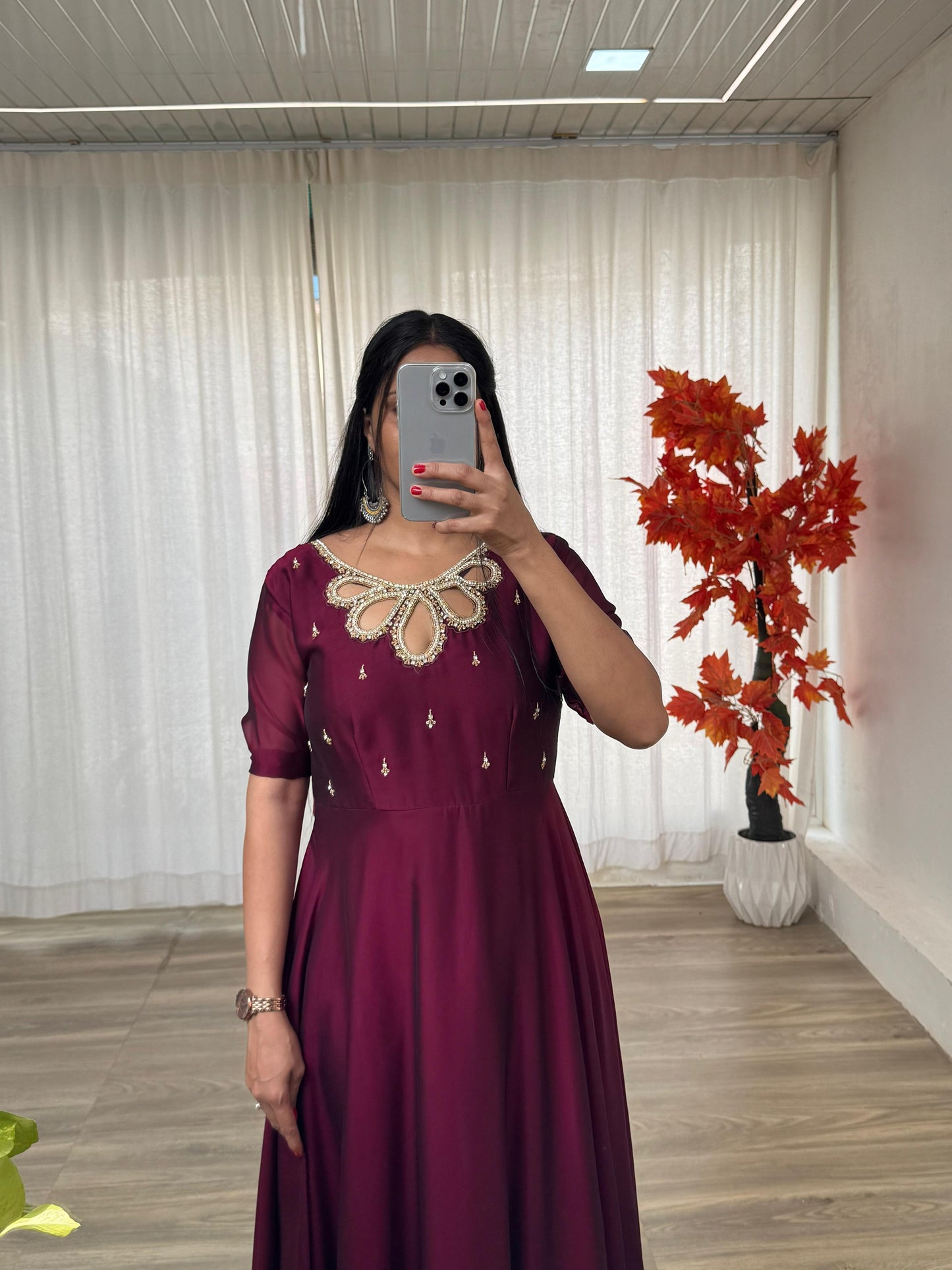 Fabulous Wine Rangoli Georgette Fancy Neck Handworked Gown - INDIAN ELEGANCE