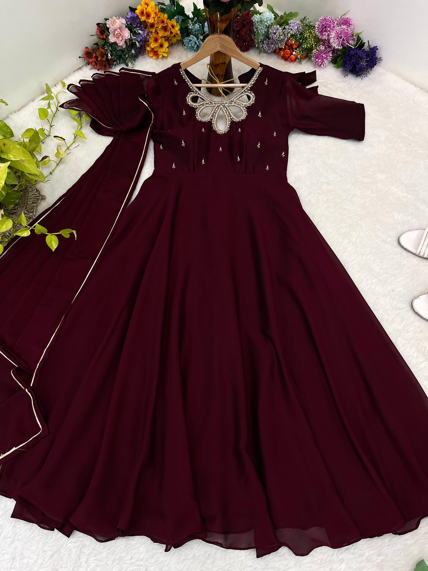 Fabulous Wine Rangoli Georgette Fancy Neck Handworked Gown - INDIAN ELEGANCE