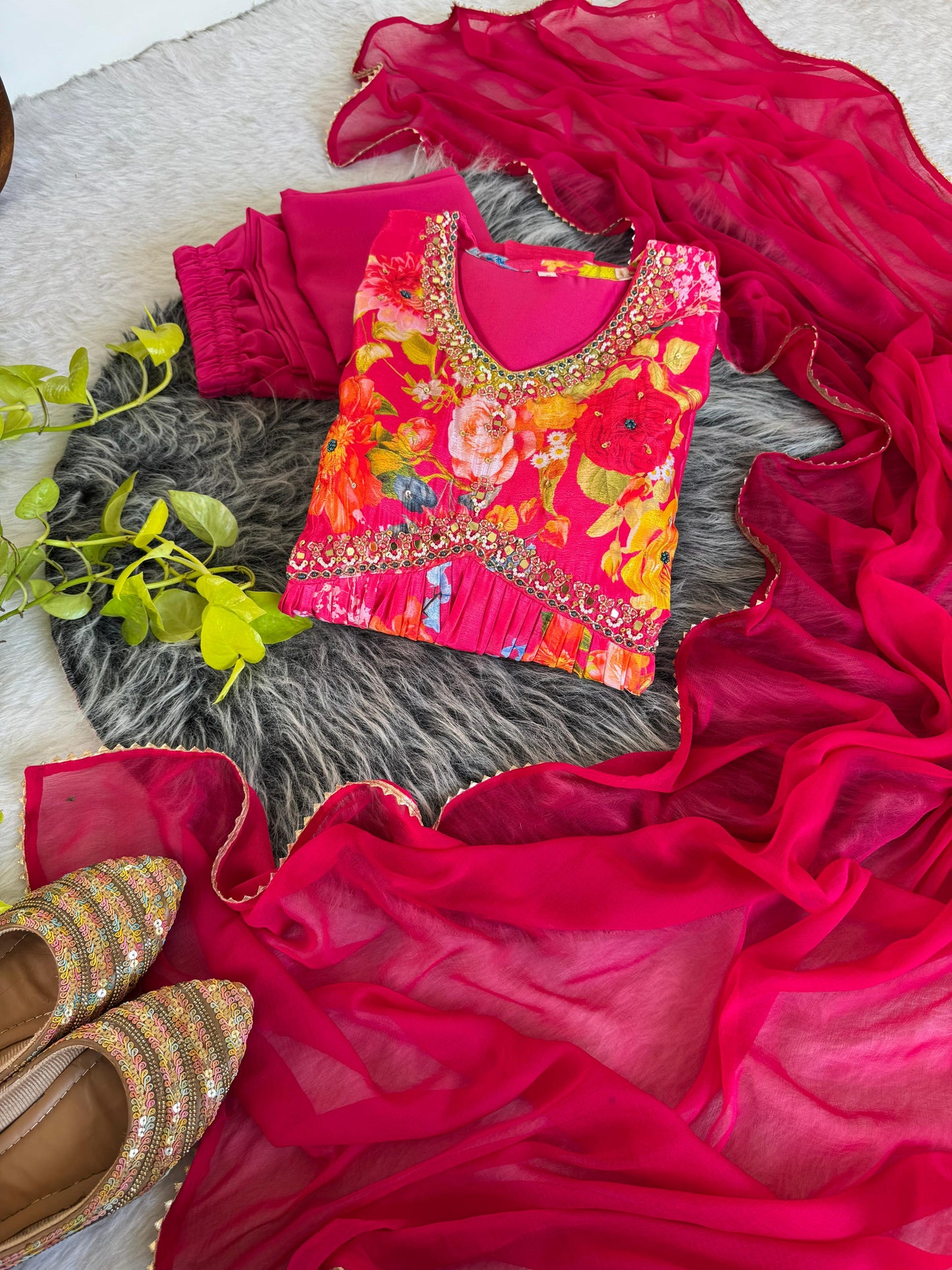 Graceful Pink Floral Printed Handworked Anarkali Pant Suit - INDIAN ELEGANCE