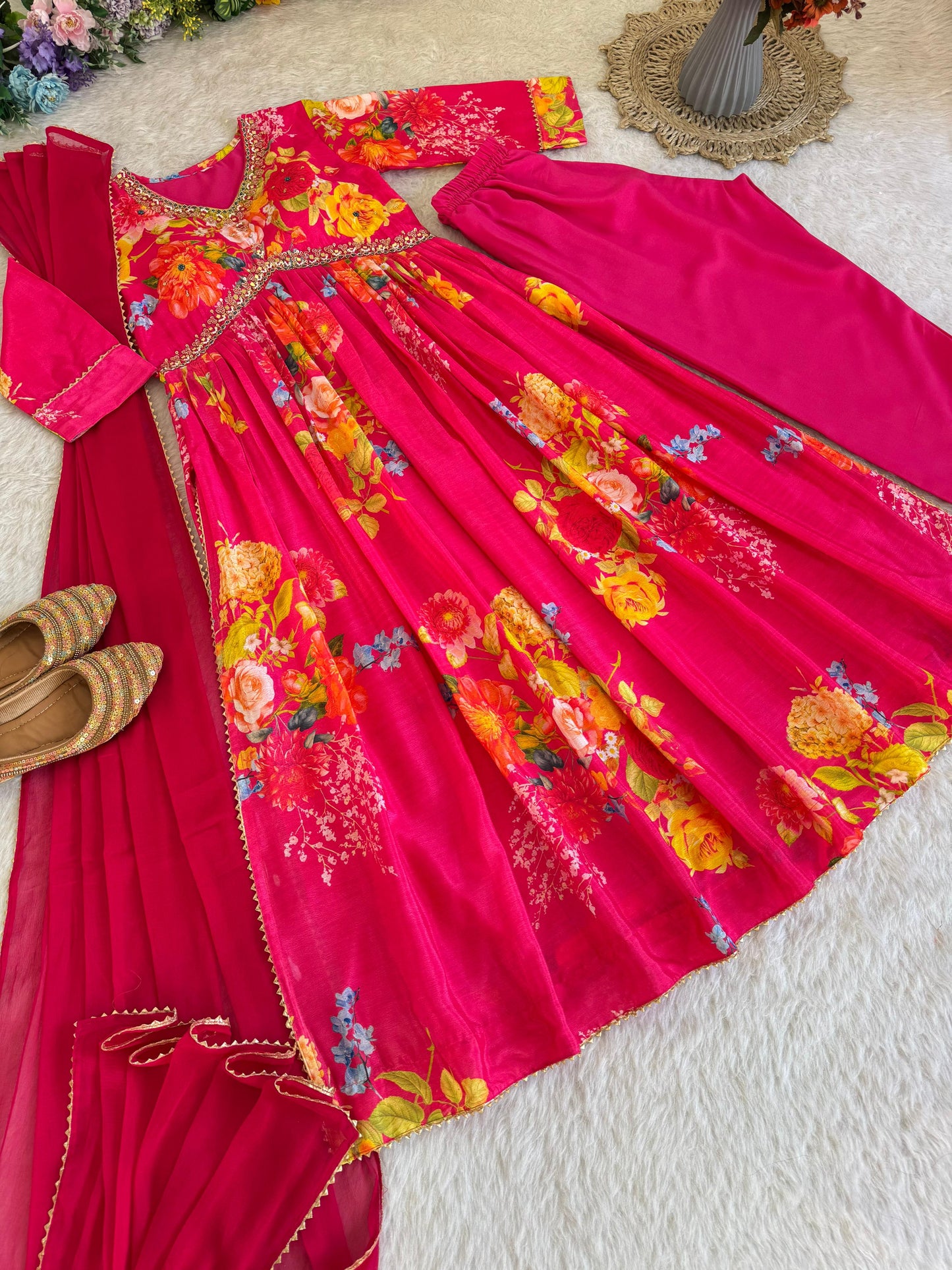 Graceful Pink Floral Printed Handworked Anarkali Pant Suit - INDIAN ELEGANCE