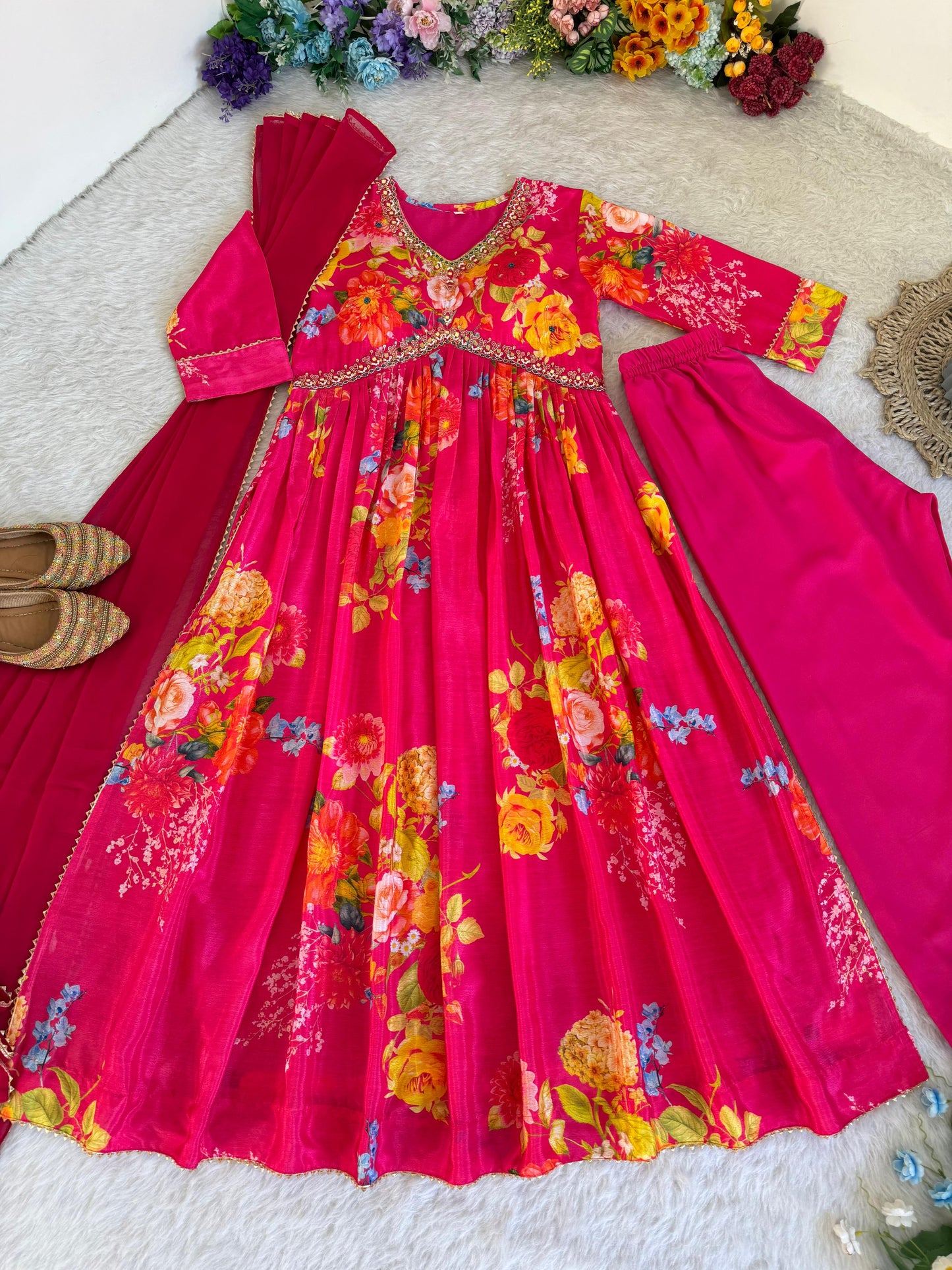 Graceful Pink Floral Printed Handworked Anarkali Pant Suit - INDIAN ELEGANCE
