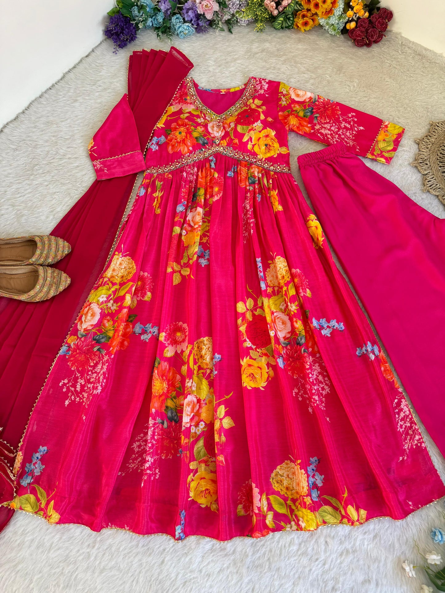 Graceful Pink Floral Printed Handworked Anarkali Pant Suit - INDIAN ELEGANCE