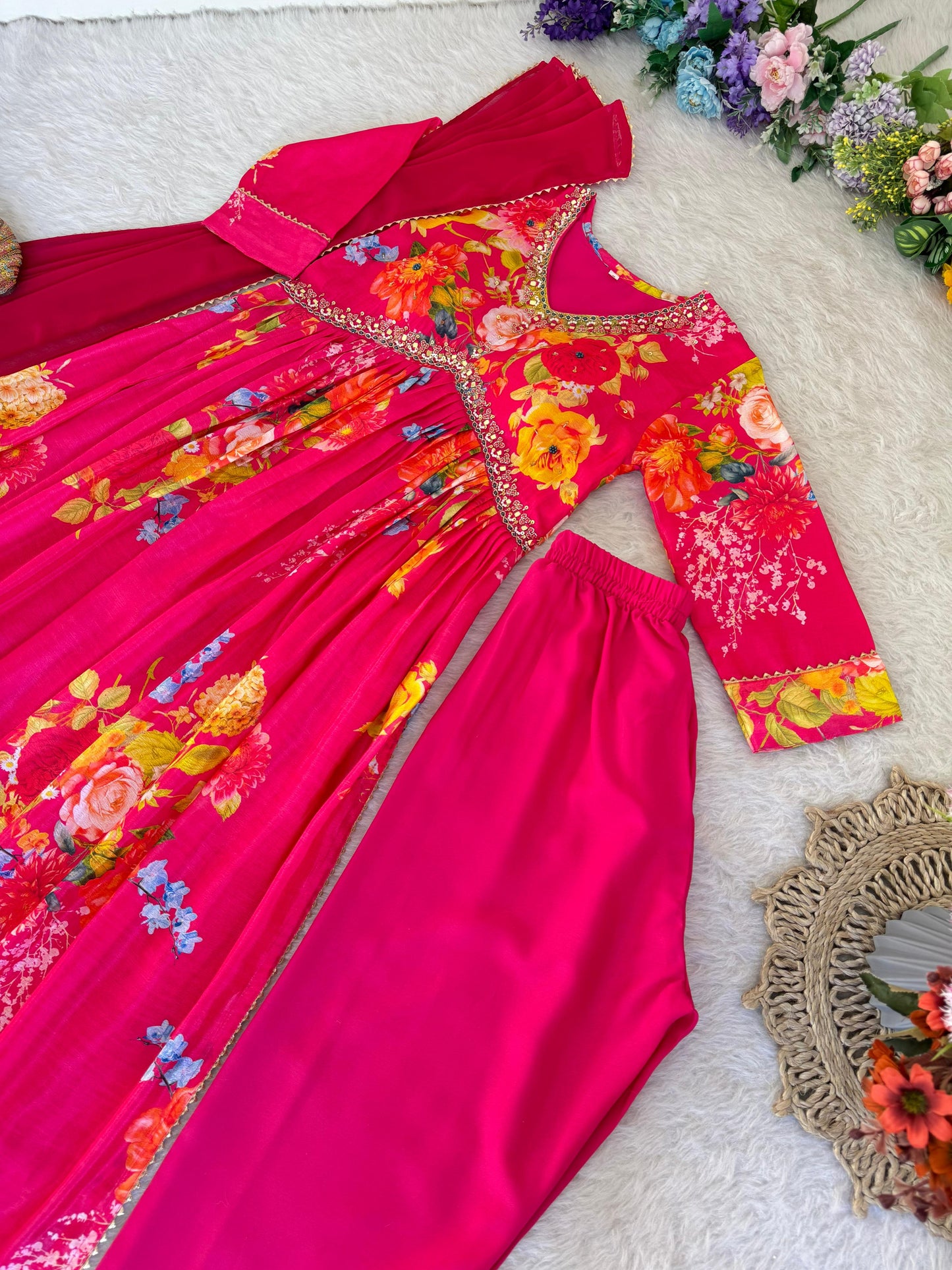 Graceful Pink Floral Printed Handworked Anarkali Pant Suit - INDIAN ELEGANCE