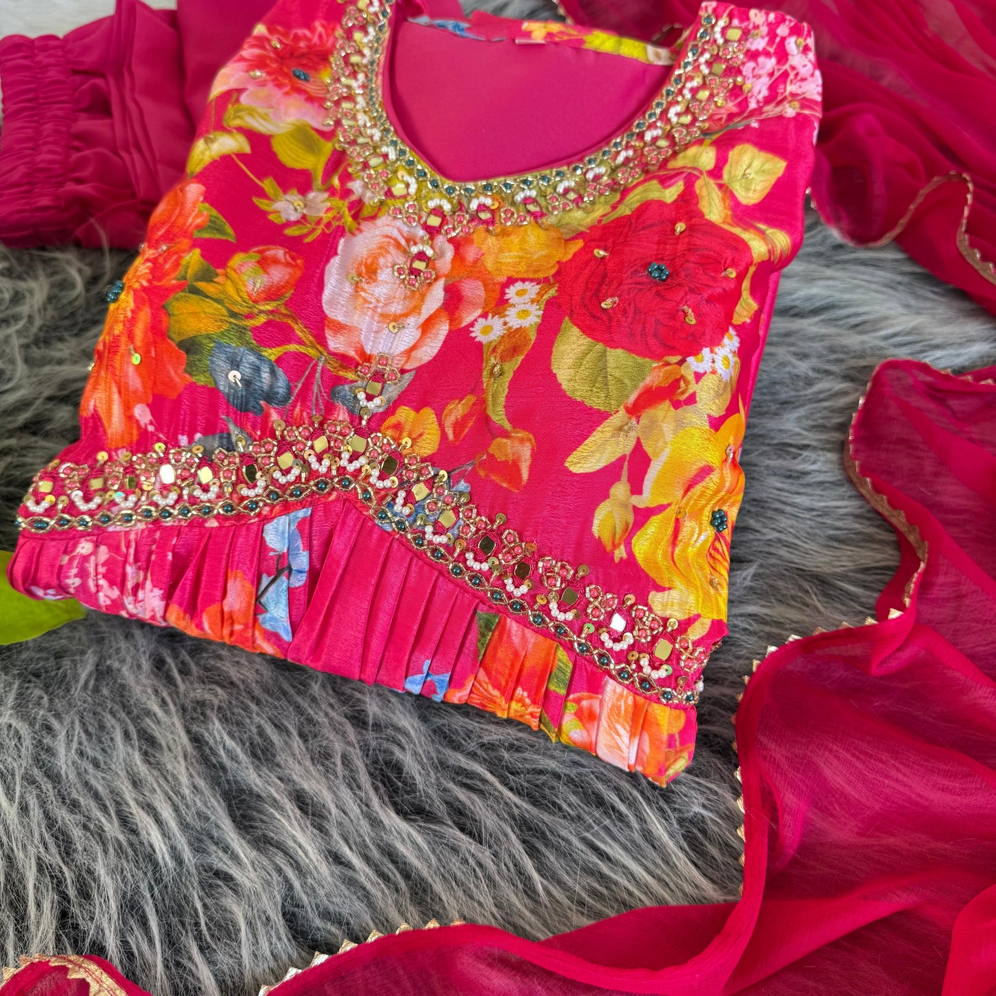 Graceful Pink Floral Printed Handworked Anarkali Pant Suit - INDIAN ELEGANCE