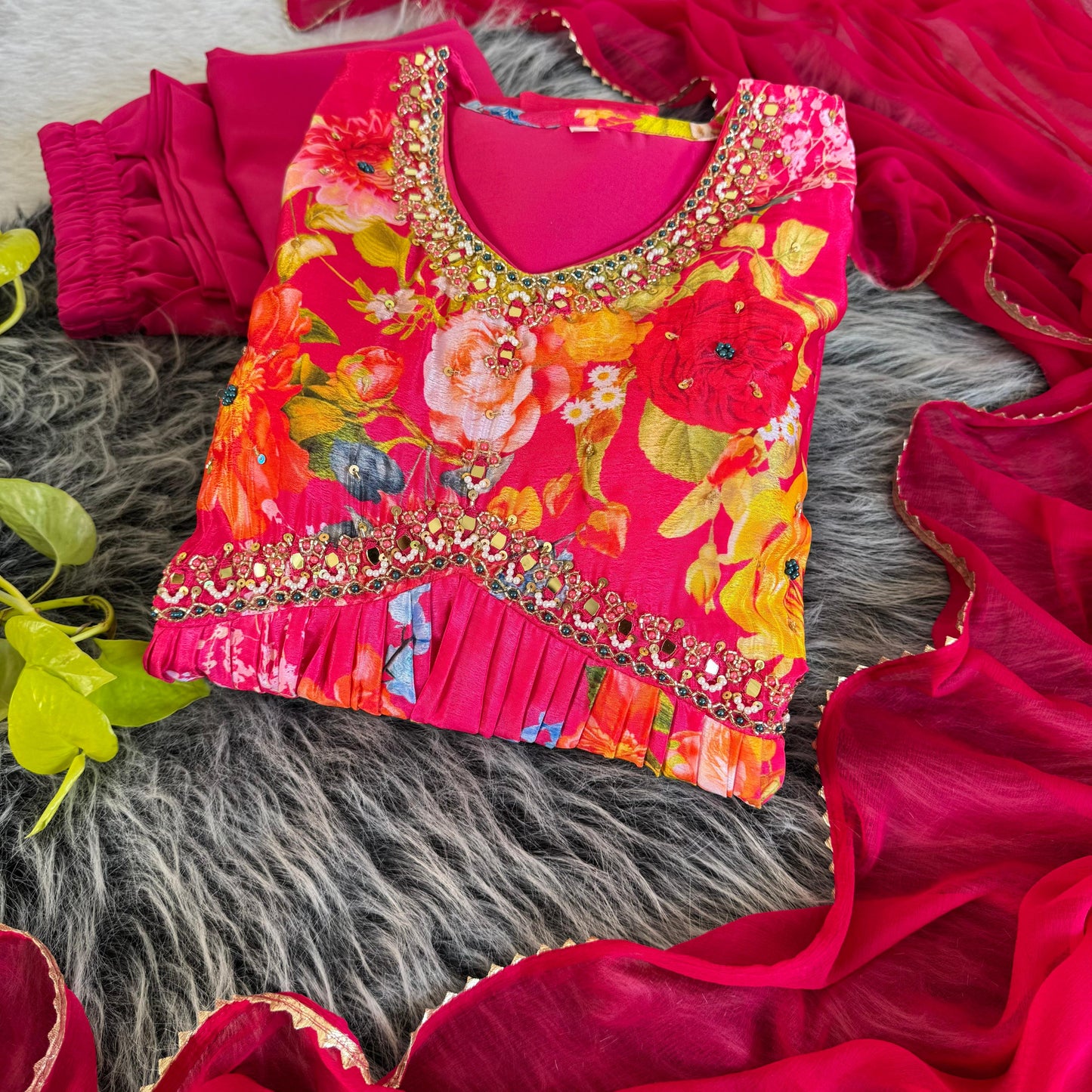 Graceful Pink Floral Printed Handworked Anarkali Pant Suit - INDIAN ELEGANCE