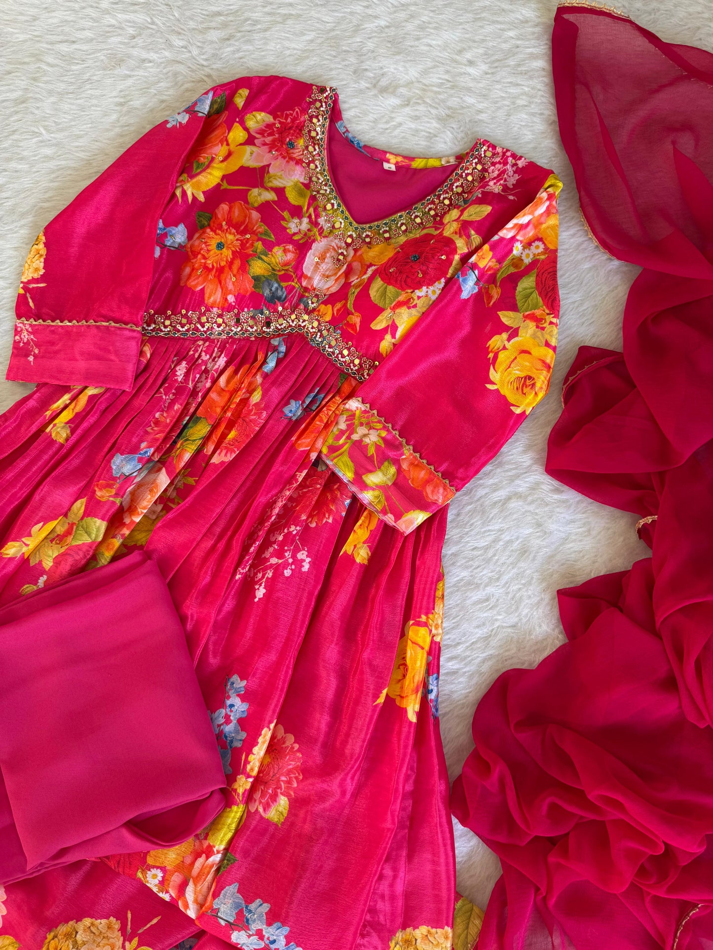 Graceful Pink Floral Printed Handworked Anarkali Pant Suit - INDIAN ELEGANCE