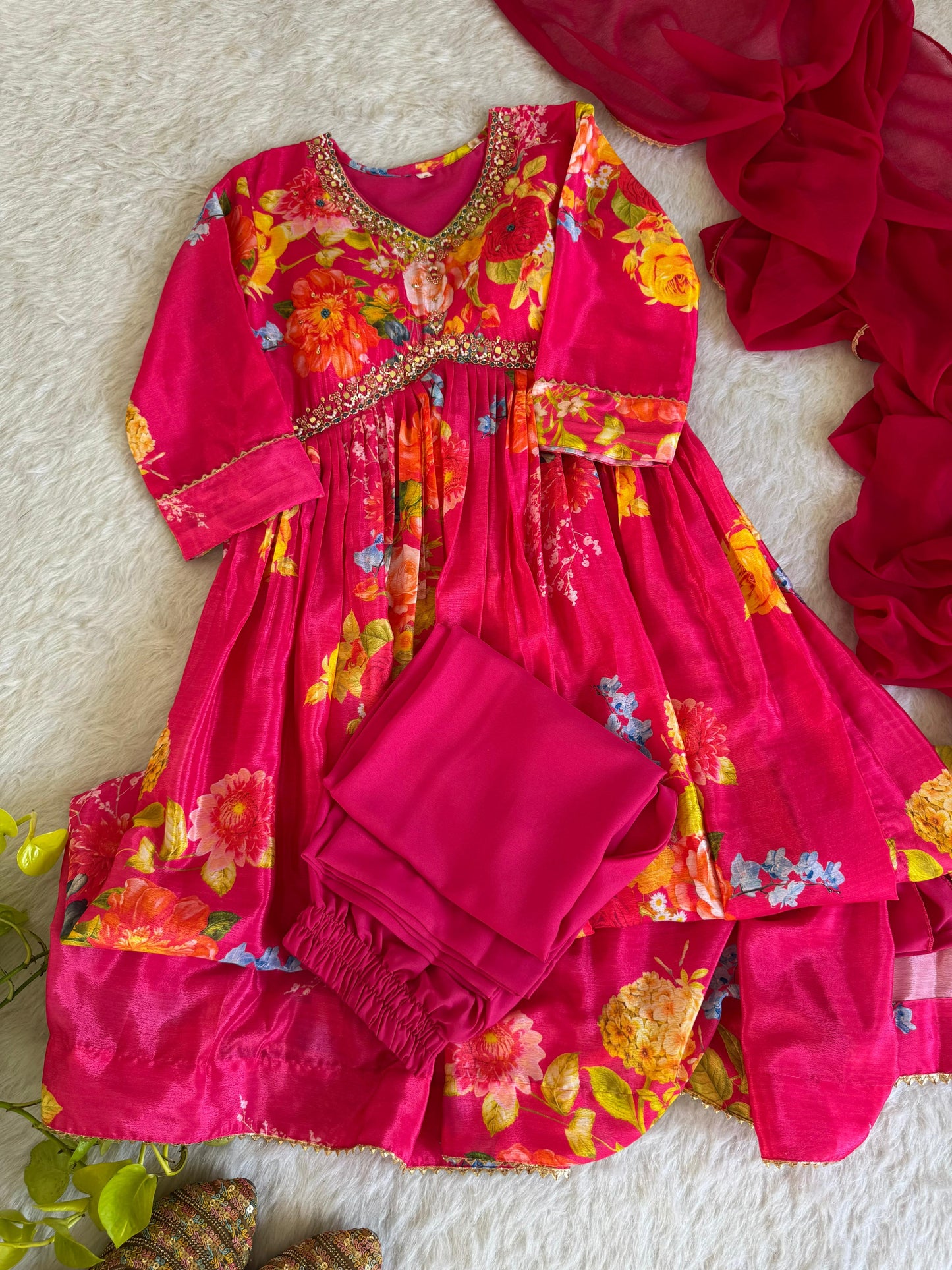 Graceful Pink Floral Printed Handworked Anarkali Pant Suit - INDIAN ELEGANCE