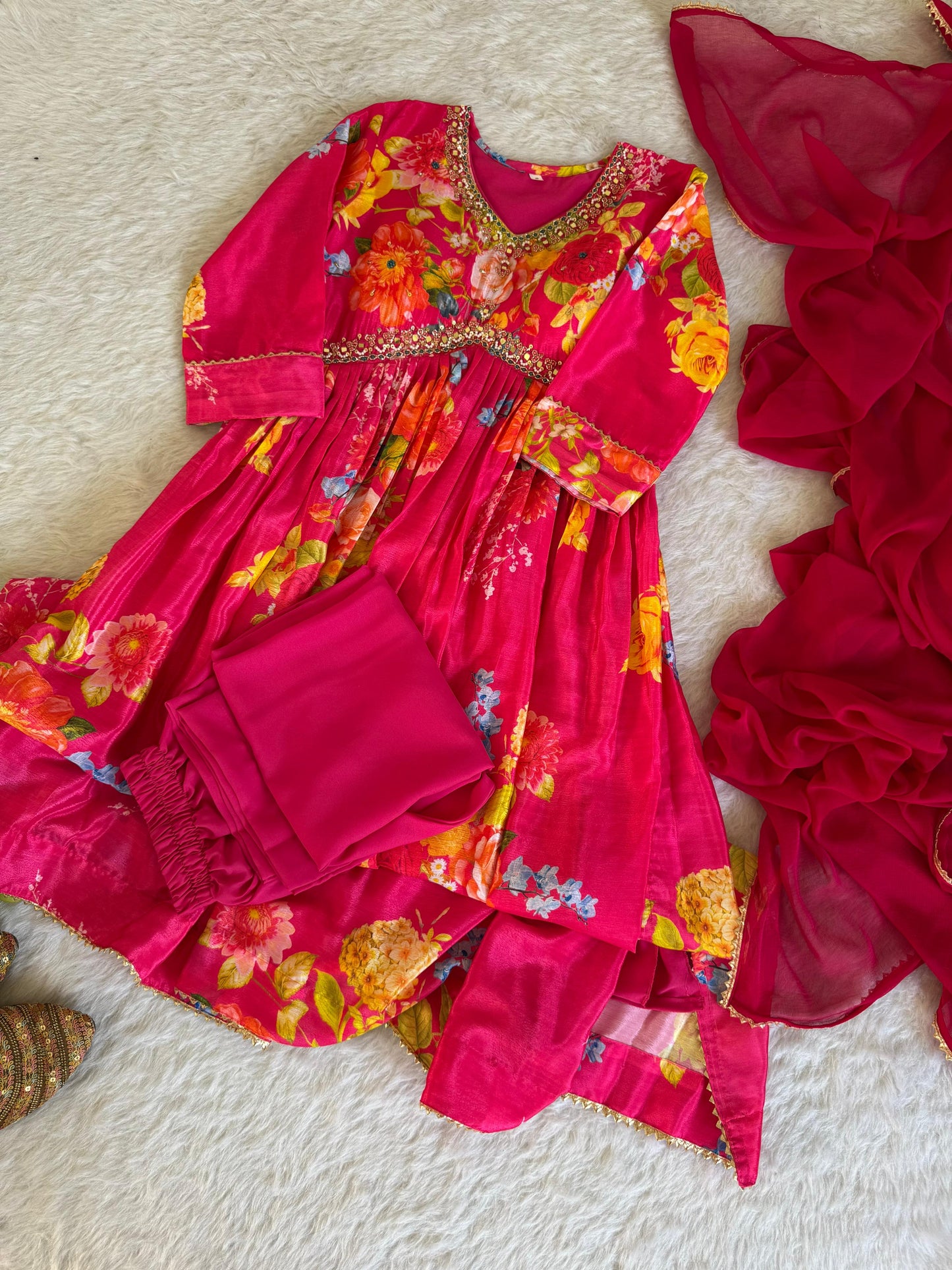 Graceful Pink Floral Printed Handworked Anarkali Pant Suit - INDIAN ELEGANCE