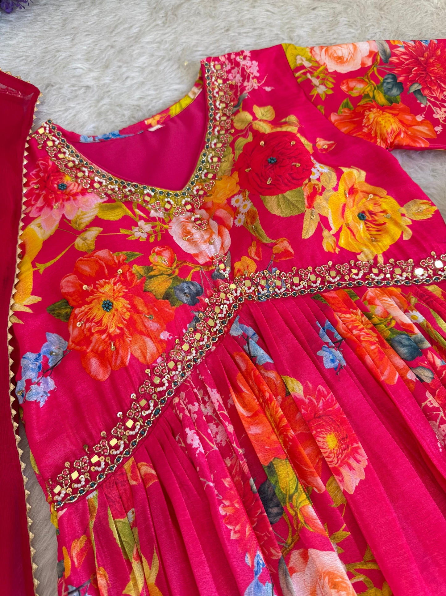 Graceful Pink Floral Printed Handworked Anarkali Pant Suit - INDIAN ELEGANCE