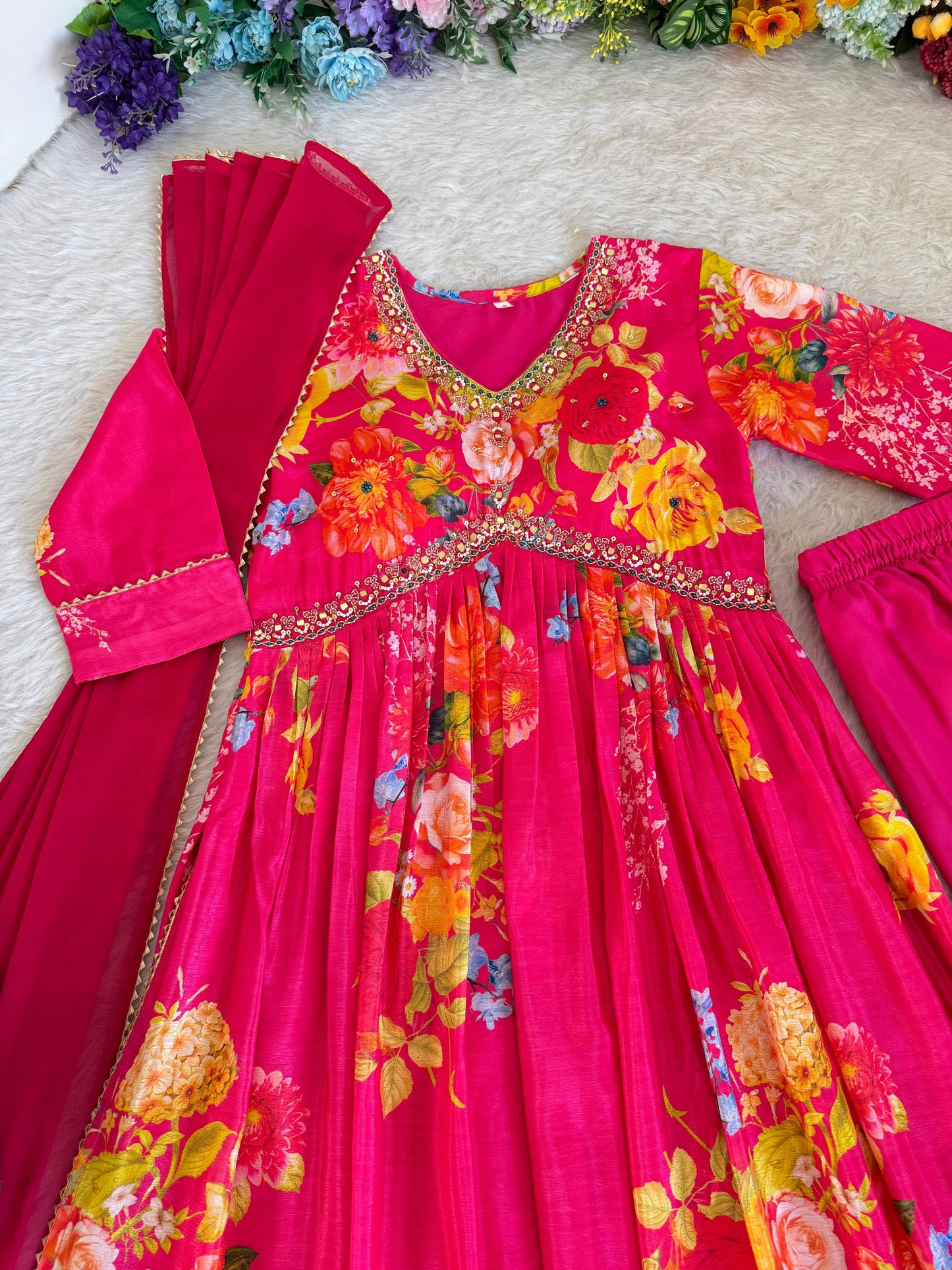 Graceful Pink Floral Printed Handworked Anarkali Pant Suit - INDIAN ELEGANCE