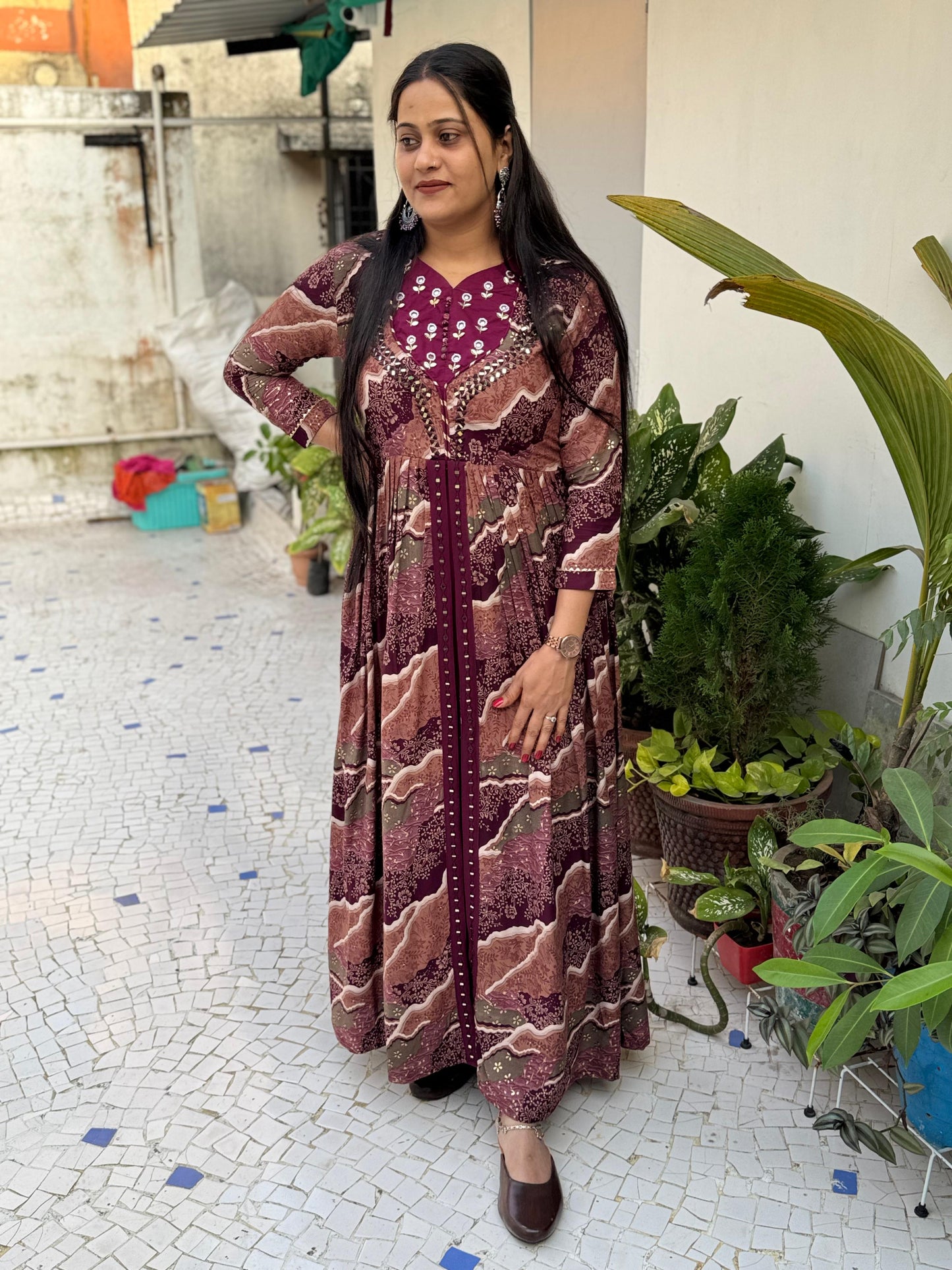 Ravishing Wine Rayon Foil Worked Hand Embroidered Gown - INDIAN ELEGANCE