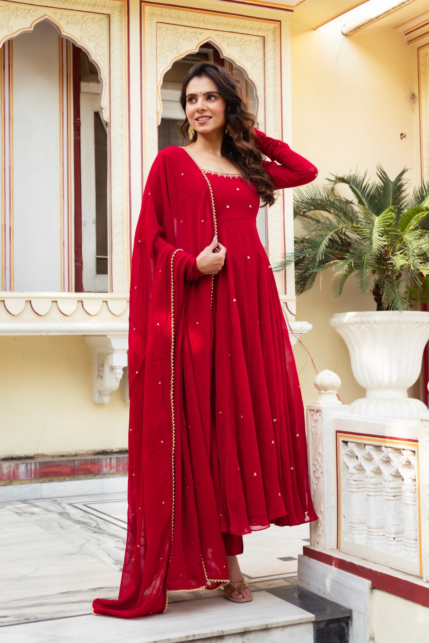 Elegant Red Anarkali Suit Set with Georgette Dupatta