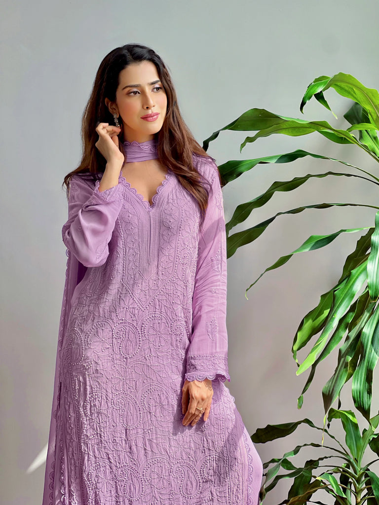 Chikankari Embroidered Kurta Palazzo Dupatta Set – Elegant Ethnic Wear for Every Occasion