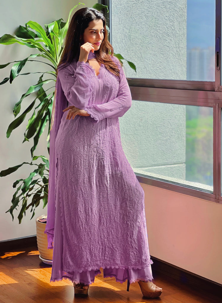 Chikankari Embroidered Kurta Palazzo Dupatta Set – Elegant Ethnic Wear for Every Occasion