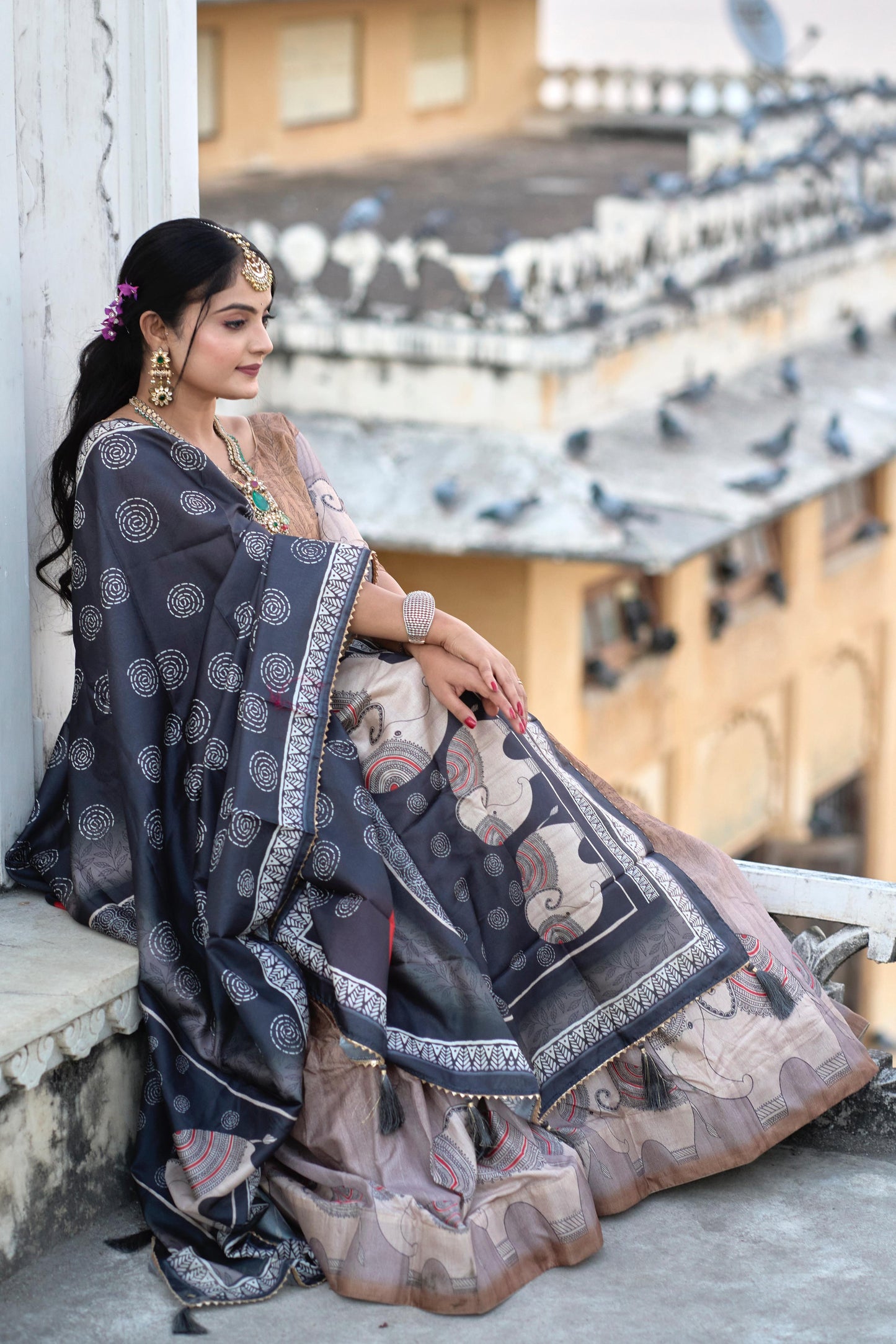 Graceful Brown Pure Manipuri Silk Printed Lehenga Choli Set - INDIAN ELEGANCE