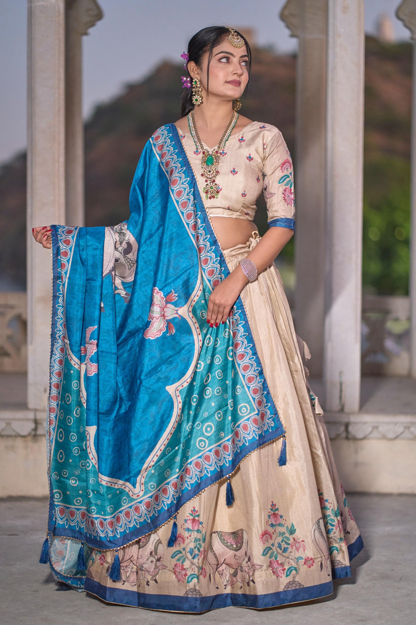Gorgeous Cream Pure Manipuri Silk Printed Lehenga Choli - INDIAN ELEGANCE