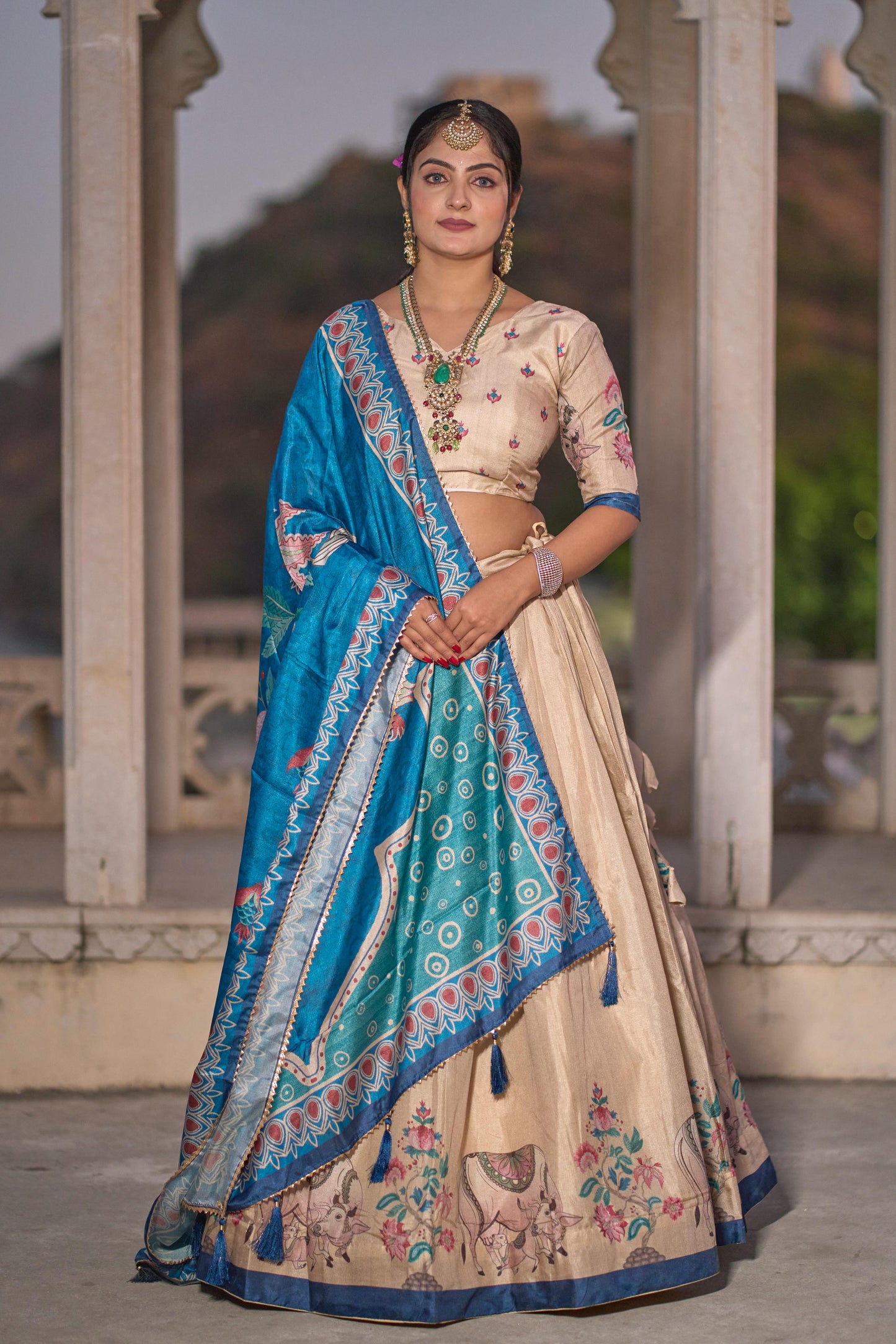 Gorgeous Cream Pure Manipuri Silk Printed Lehenga Choli - INDIAN ELEGANCE