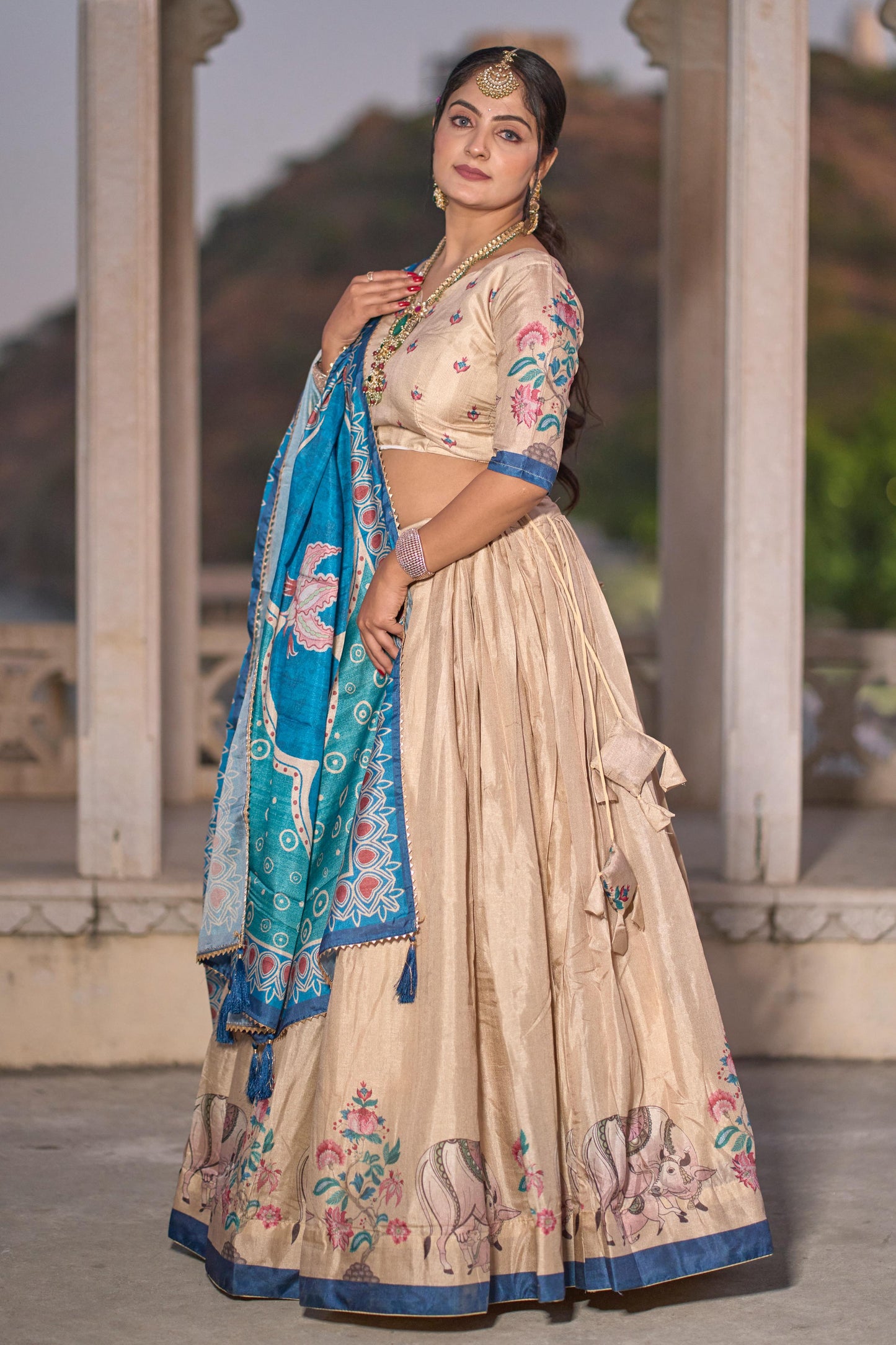 Gorgeous Cream Pure Manipuri Silk Printed Lehenga Choli - INDIAN ELEGANCE