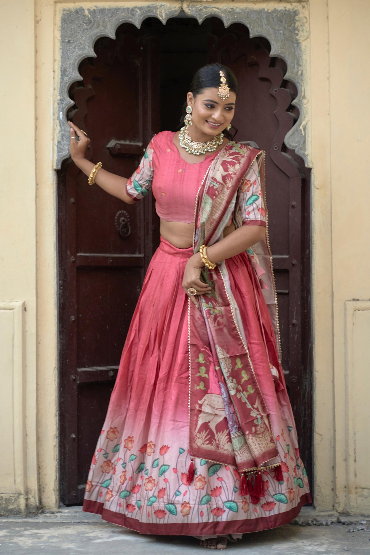 Arresting Pink Pure Manipuri Silk Printed Lehenga Choli Set - INDIAN ELEGANCE